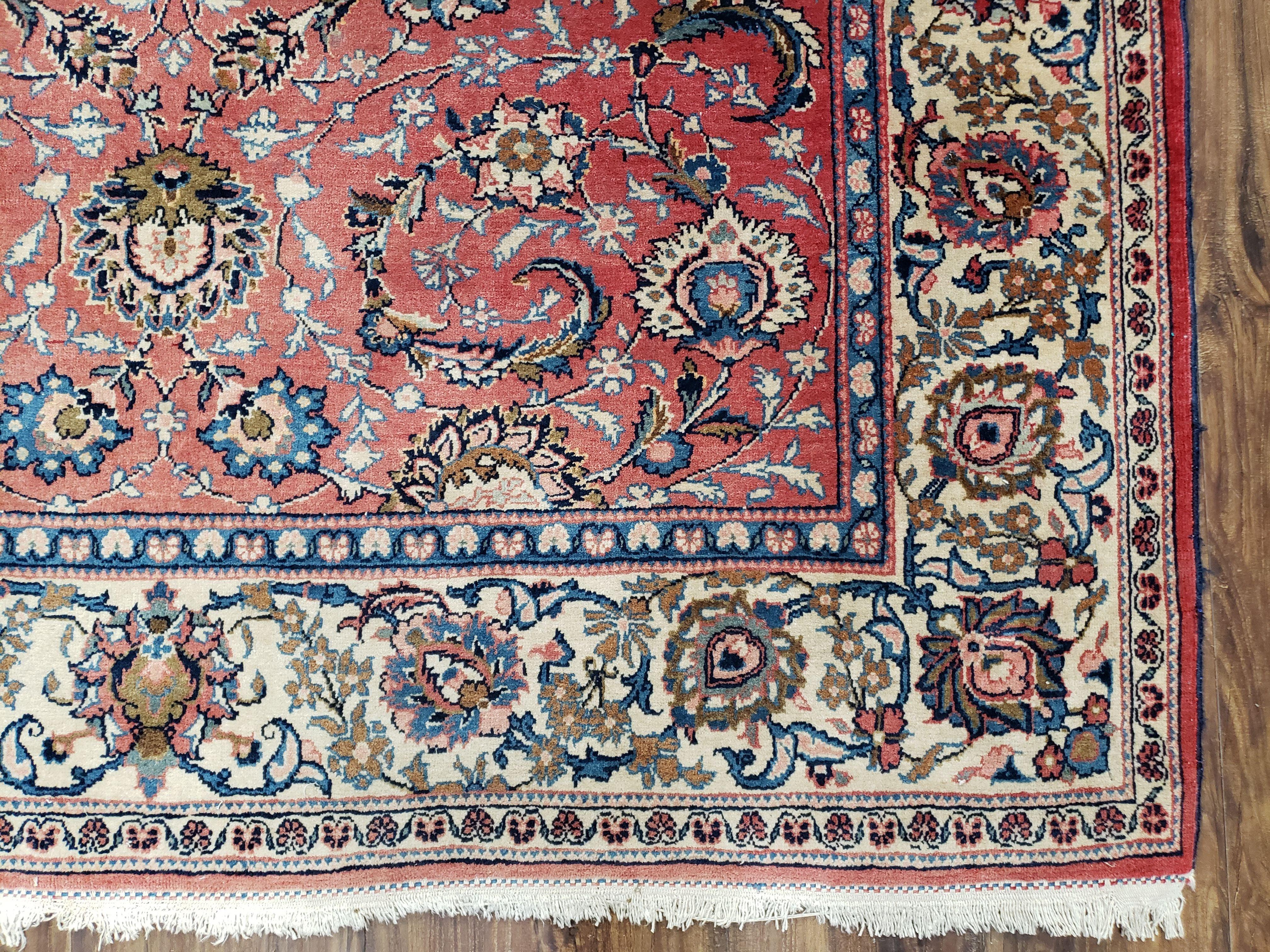 Semi Antique Persian Kashan, Red & Cream, Hand-Knotted, Wool, 4' 8" x 6' 6", Pair A - Jewel Rugs