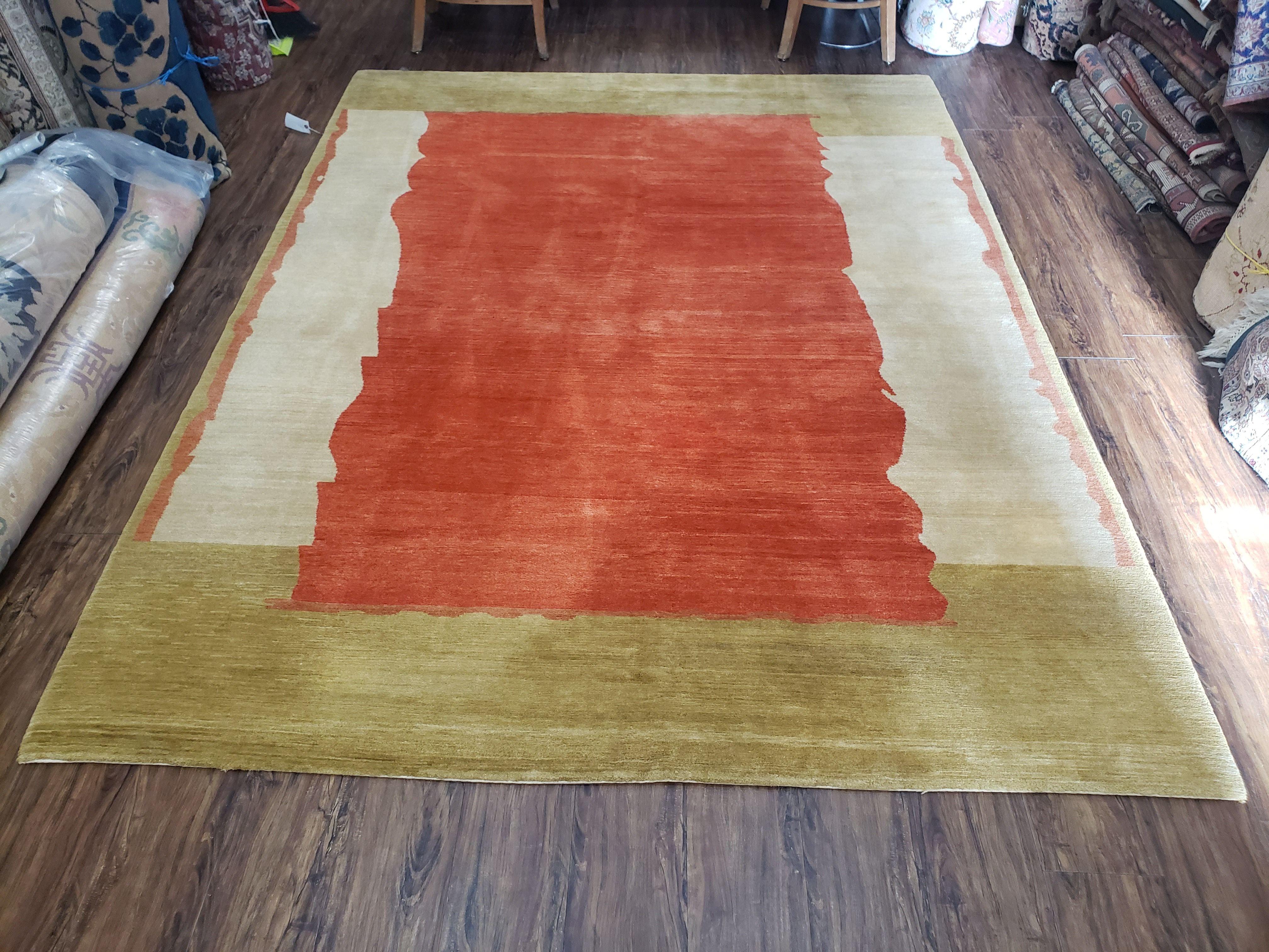 7x9 Modern Area Rug, 7 x 9 Tibetan Rug, 7 by 9 Nepal Rug, Abstract Rug, Wool Rug, Red Gold Ivory Rug, Handmade Tibetan Rug, Dining Room Rug - Jewel Rugs