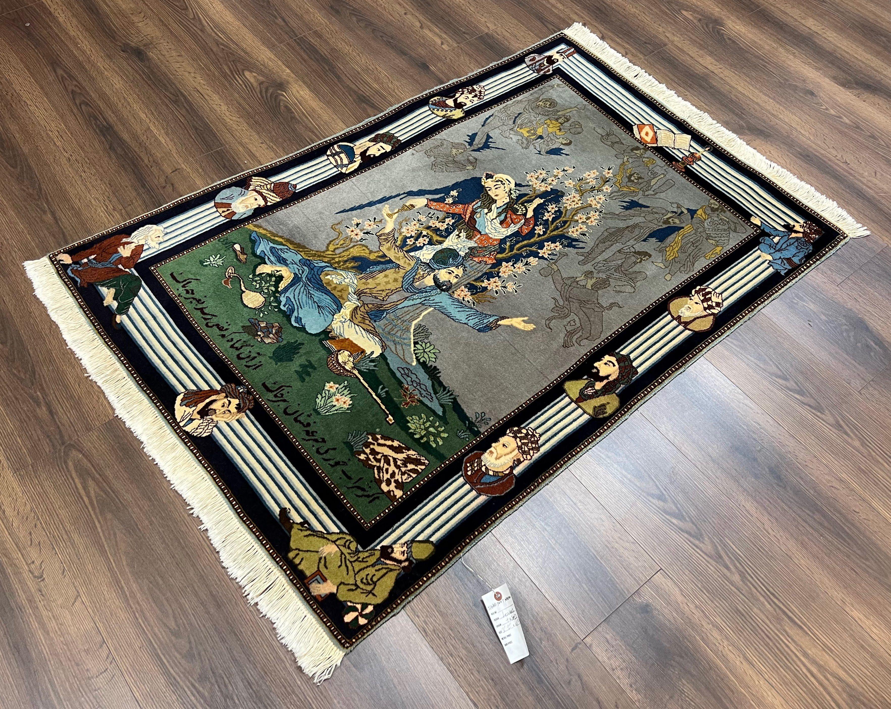 Persian Pictorial Rug 3.2 x 4.9, Vintage Tabriz Carpet, Leah and Majnun Lovers, Persian Poetry Hafez, Wool Hand Knotted Very Fine 300+ KPSI, Wall Hanging Rug 3x5 - Jewel Rugs