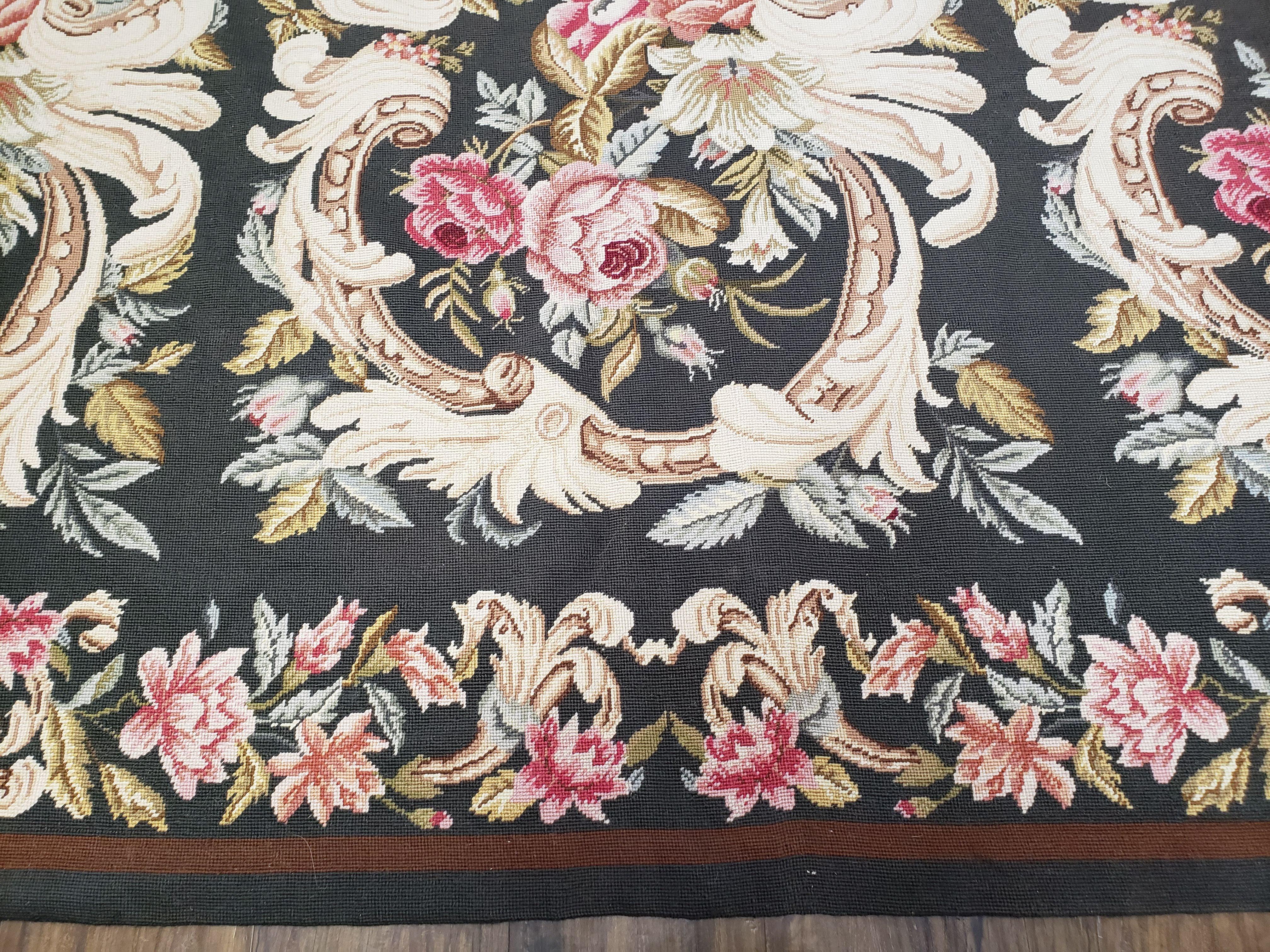 Vintage William Morris Flatweave Needlepoint Rug, Large Floral Panel Design, Handmade, Arts & Crafts/Mission Patern, Dark Green, Wool, 10x13 - Jewel Rugs