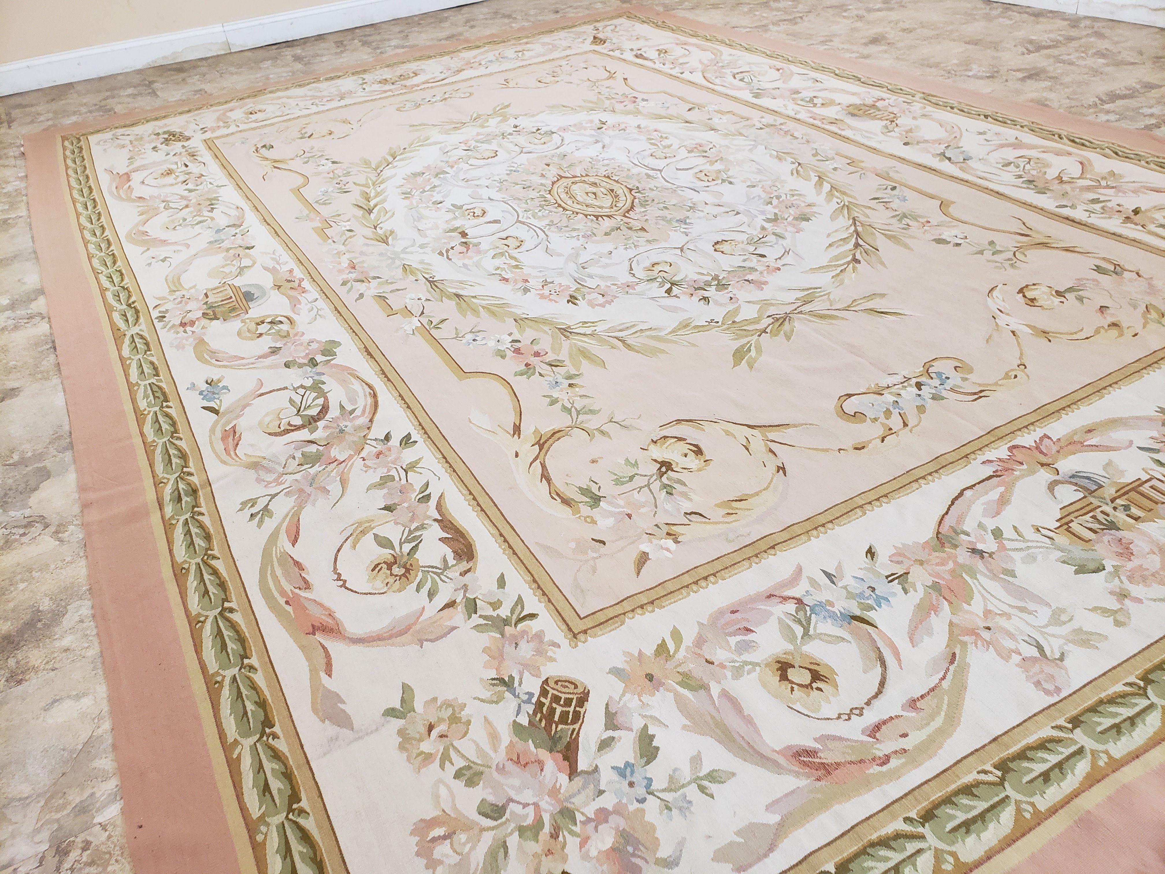 New Aubusson Rug 10x14, Flatweave Rug, Elegant Savonnerie Rug, European Design, Handmade, Large Aubusson Carpet, Living Room, Dining, Beige - Jewel Rugs