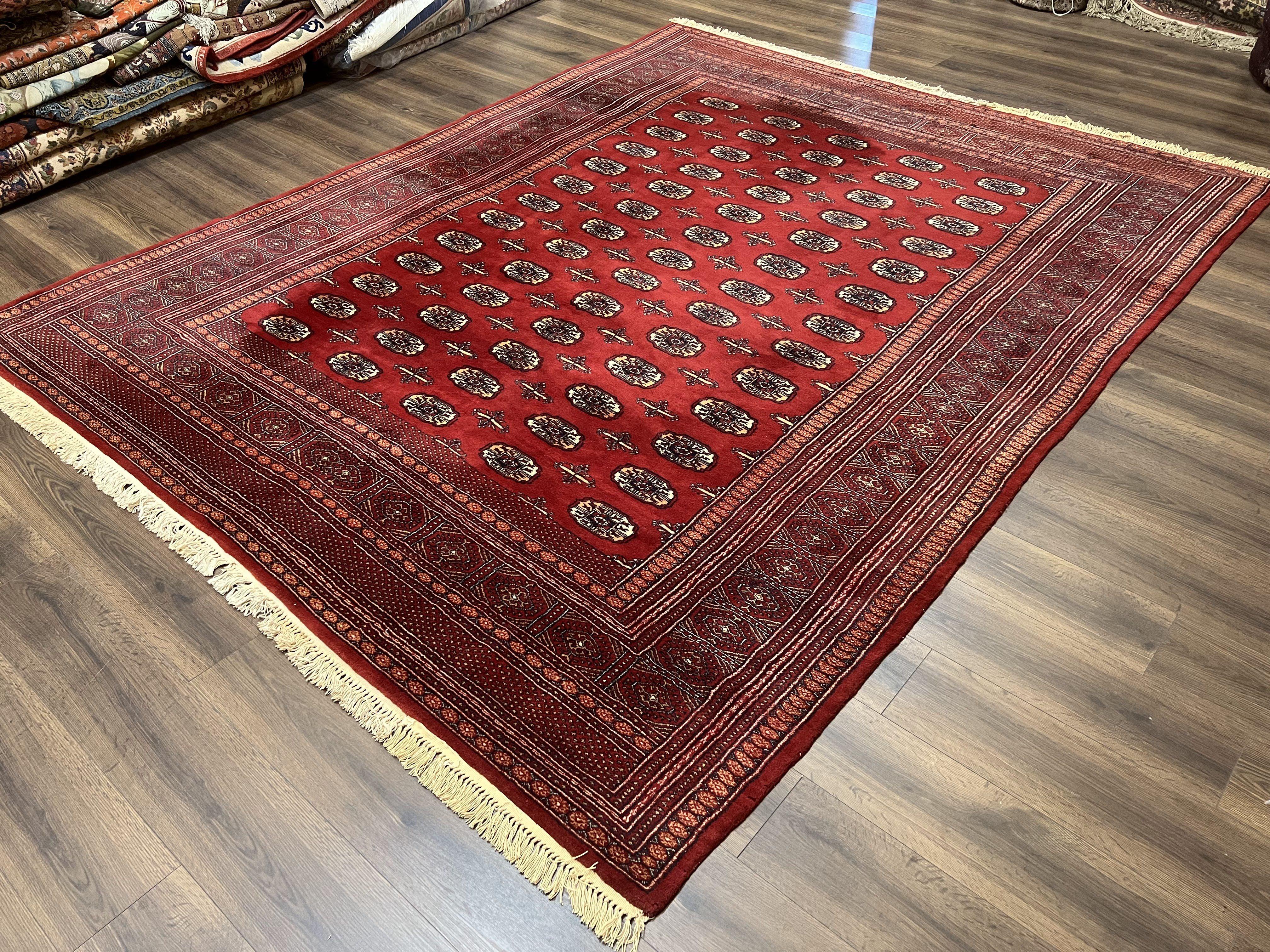 Turkoman Bukhara Rug 8x10, Vintage Bokhara Carpet 8 x 10, Red and Black, Hand Knotted Wool Area Rug, Pakistani Turkmen Rug, Living Room Rug - Jewel Rugs