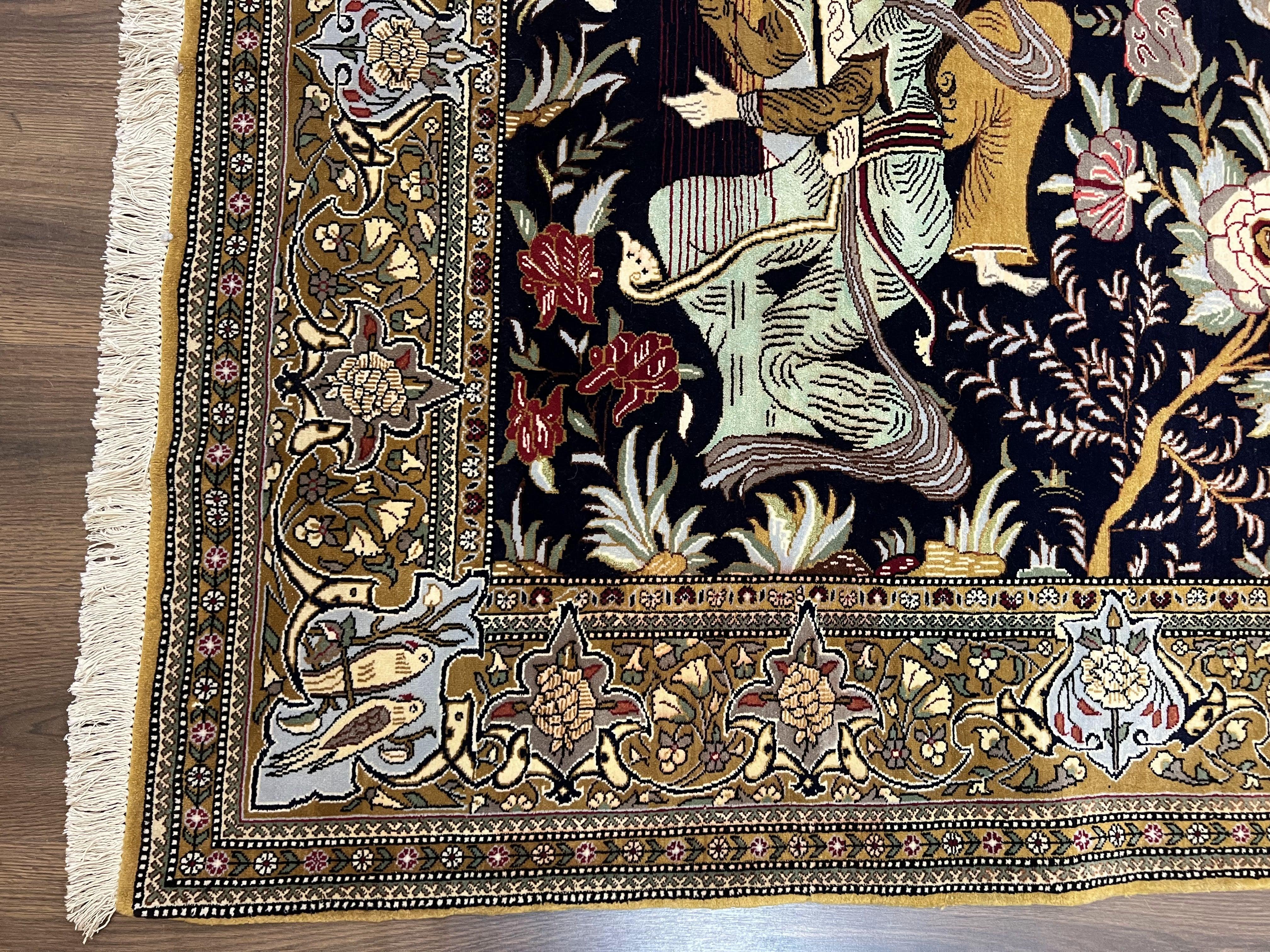 Persian Qum Pictorial Rug 4.8 x 6.5, Layla & Majnun Lovers Floral Birds, Super Fine Top Quality, Soft Kork Wool, Handmade Detailed, Semi Antique Ghom Carpet - Jewel Rugs