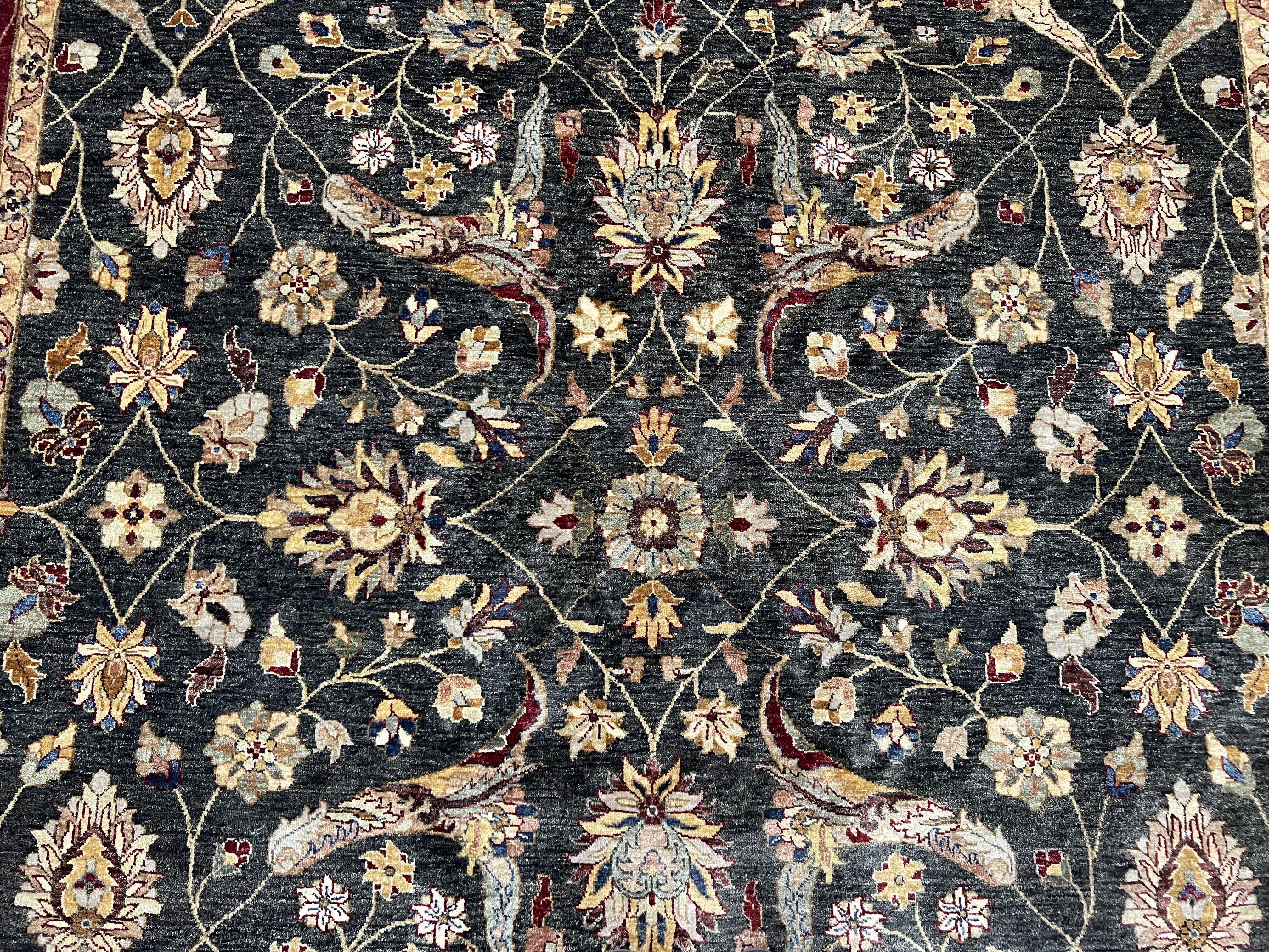 Pak Persian Mahal Rug 9x12, Allover Floral Pakistani Oriental Carpet 9 x 12, Wool Hand Knotted Area Rug, Dark Slate Gray-Black and Maroon - Jewel Rugs