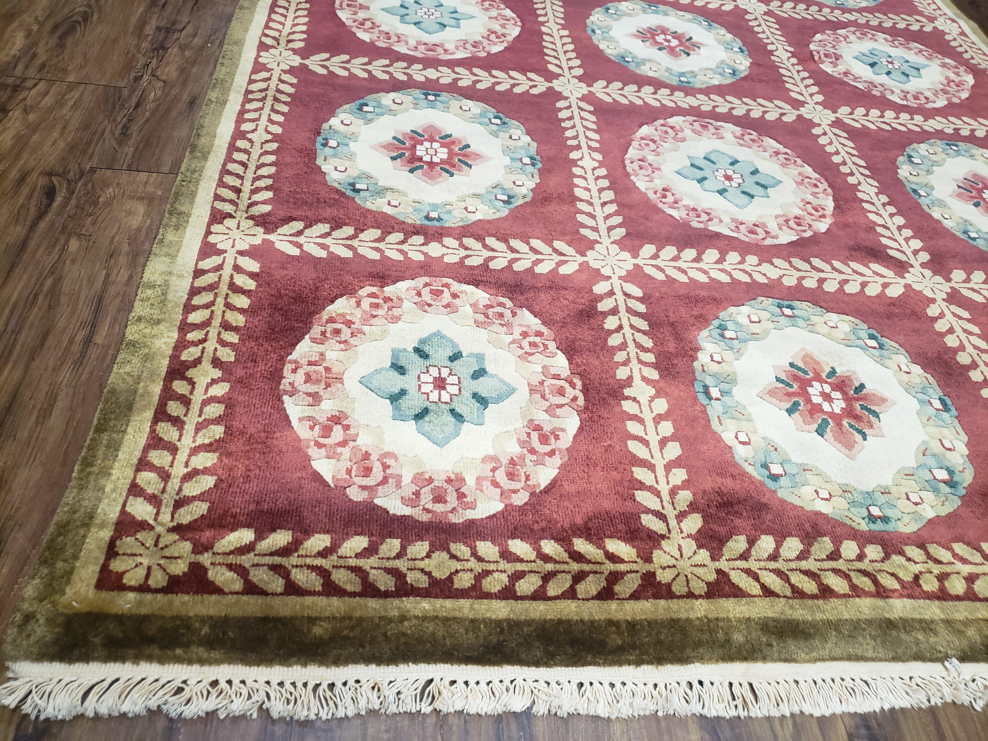 Nepalese Aubusson Panel Rug 6x9, Red & Ivory Soft Plush Tibetan Pile Rug, Wool Hand-Knotted Carpet, 6 x 9 Elegant Area Rug, Office Room Rug - Jewel Rugs