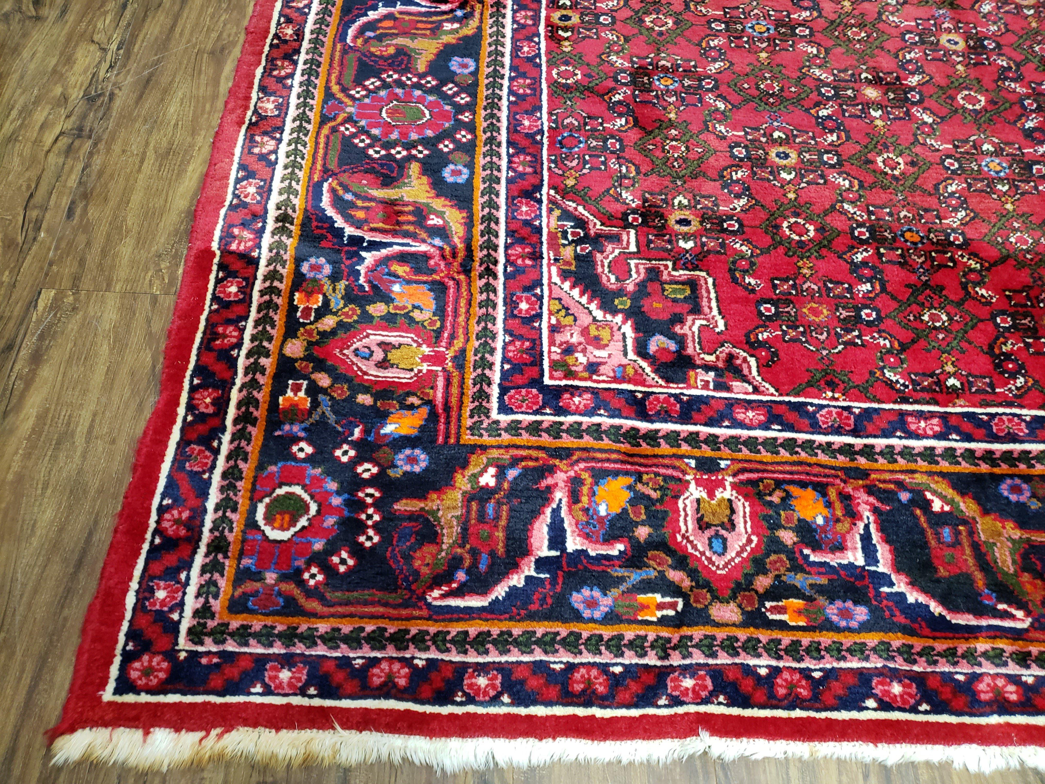 Vintage Persian Hamedan Dargazin Rug, Red, Hand-Knotted, Wool, 7' x 10' 2" - Jewel Rugs