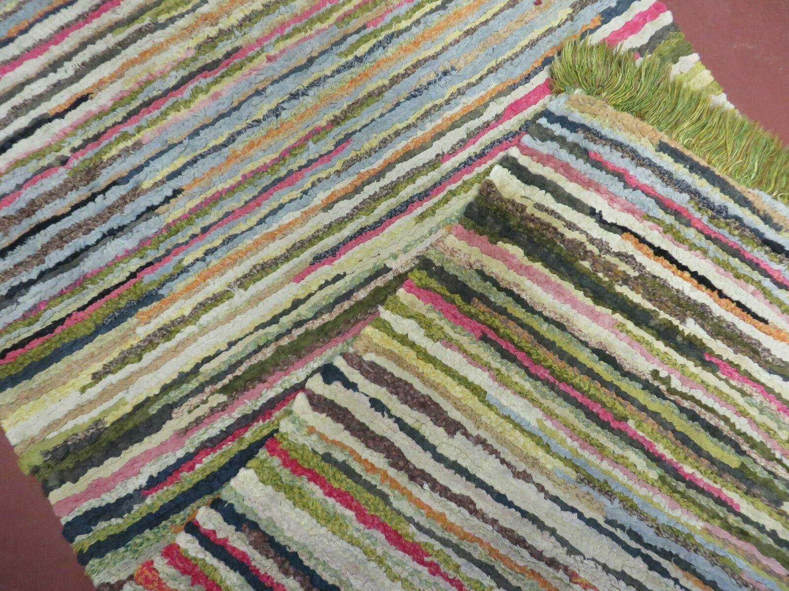 2' X 6' Vintage Hand Loomed Cotton Stripe Runner Rug Natural Dyes Braided Rag Nice - Jewel Rugs