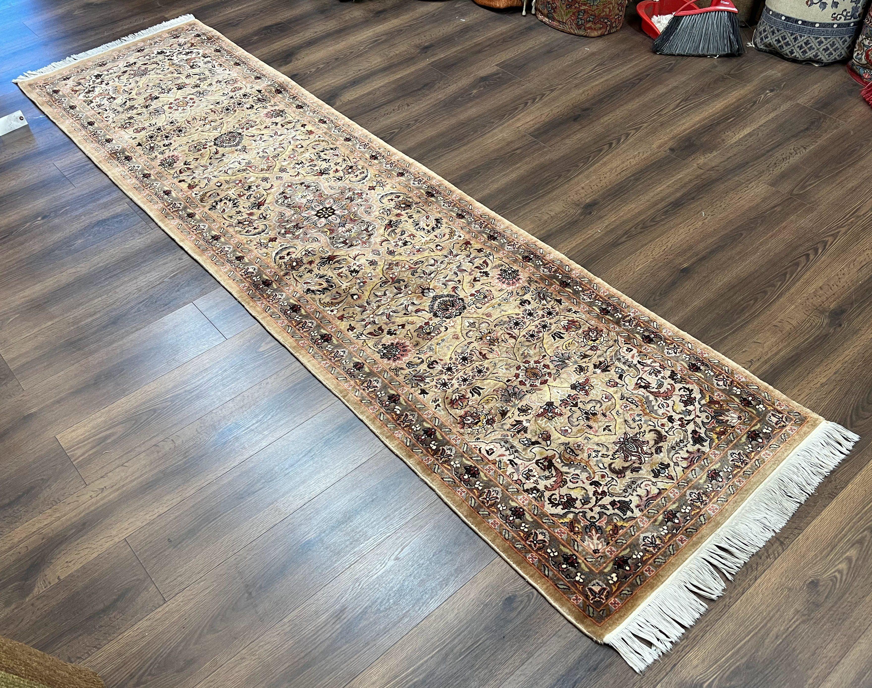 Indo Persian Runner Rug 2.8 x 10, Tan Hand Knotted Oriental Hallway Carpet, 10ft Long Runner, Indian Runner, Floral Allover, Handmade Nice - Jewel Rugs