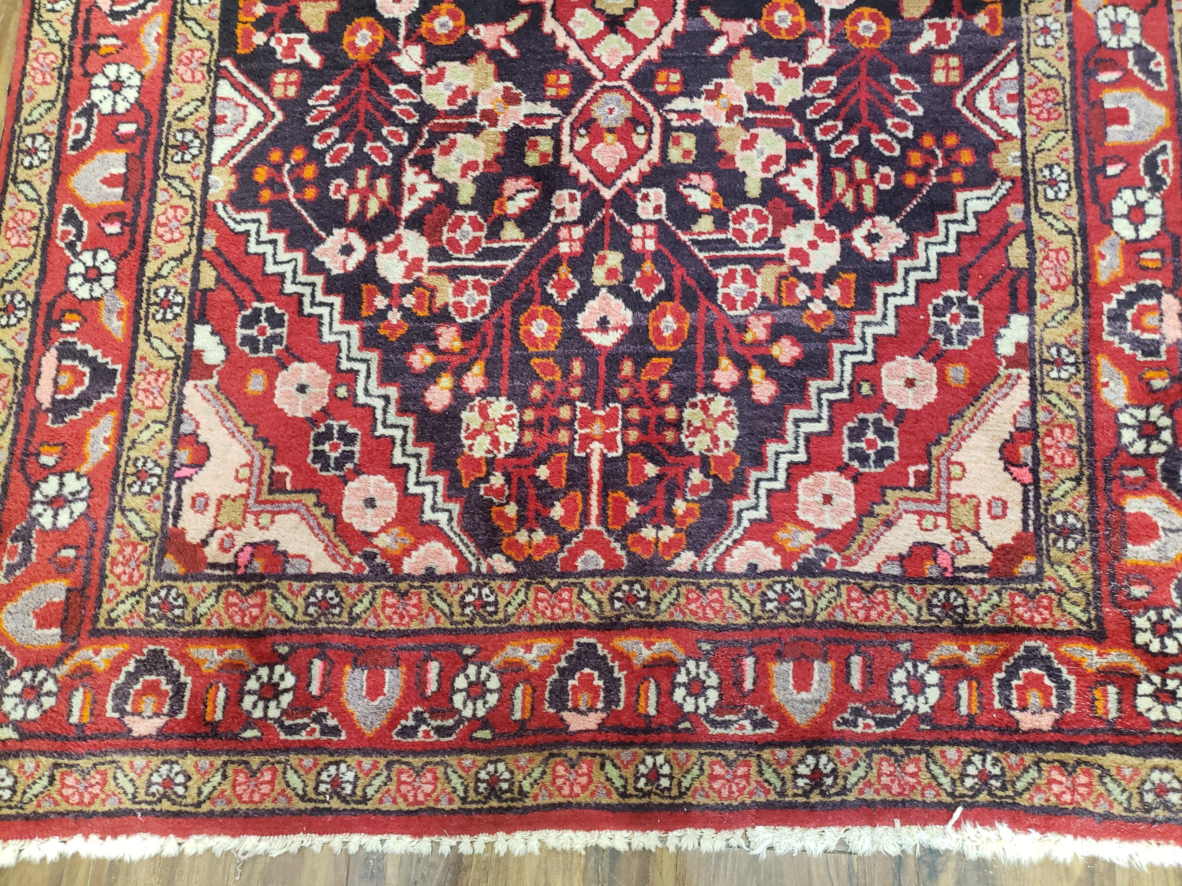 Antique Persian Bijar Medallion Area Rug 3.6 x 5.5, Wool Handmade, Red Floral Carpet - Jewel Rugs