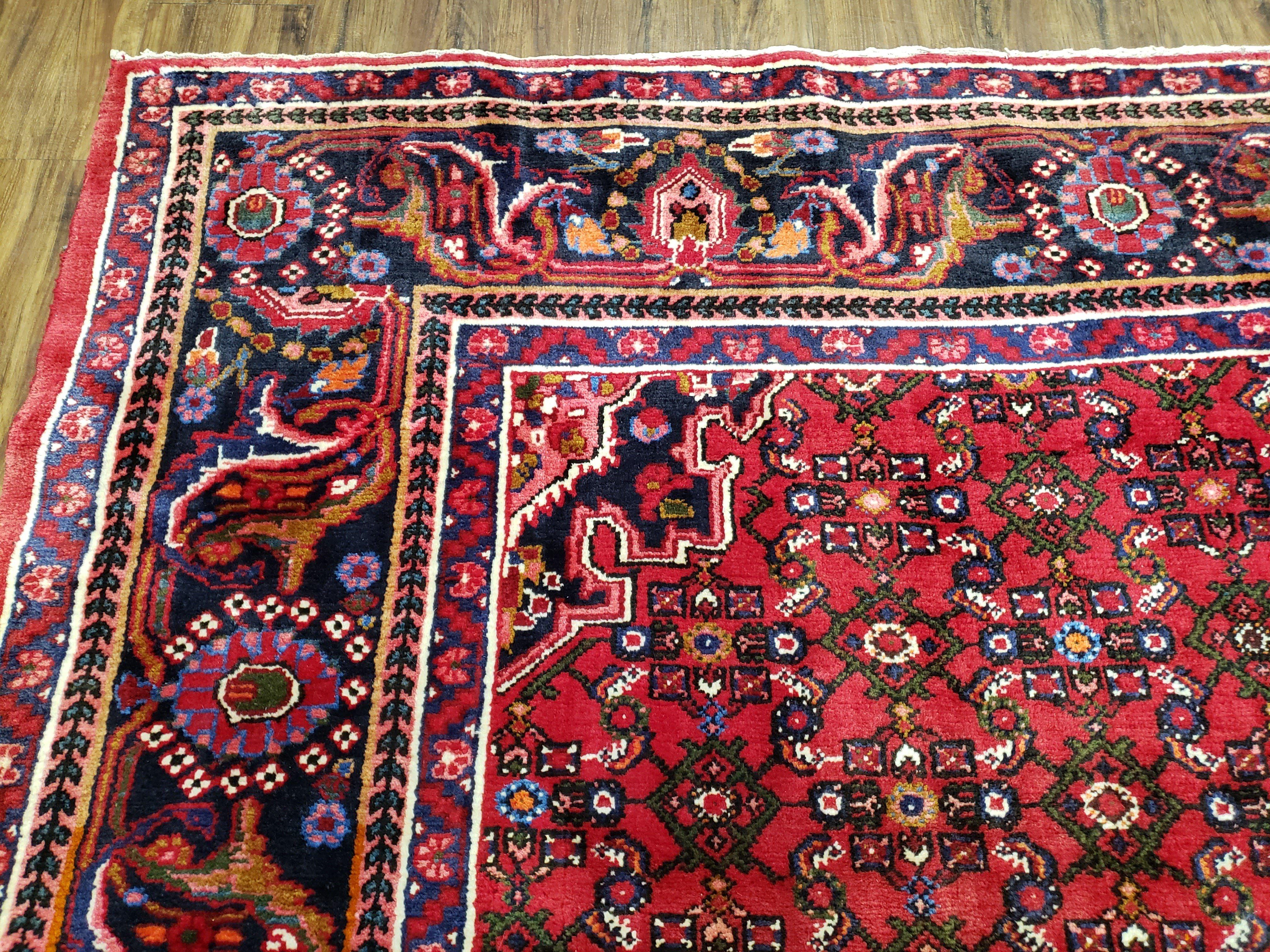 Vintage Persian Hamedan Dargazin Rug, Red, Hand-Knotted, Wool, 7' x 10' 2" - Jewel Rugs