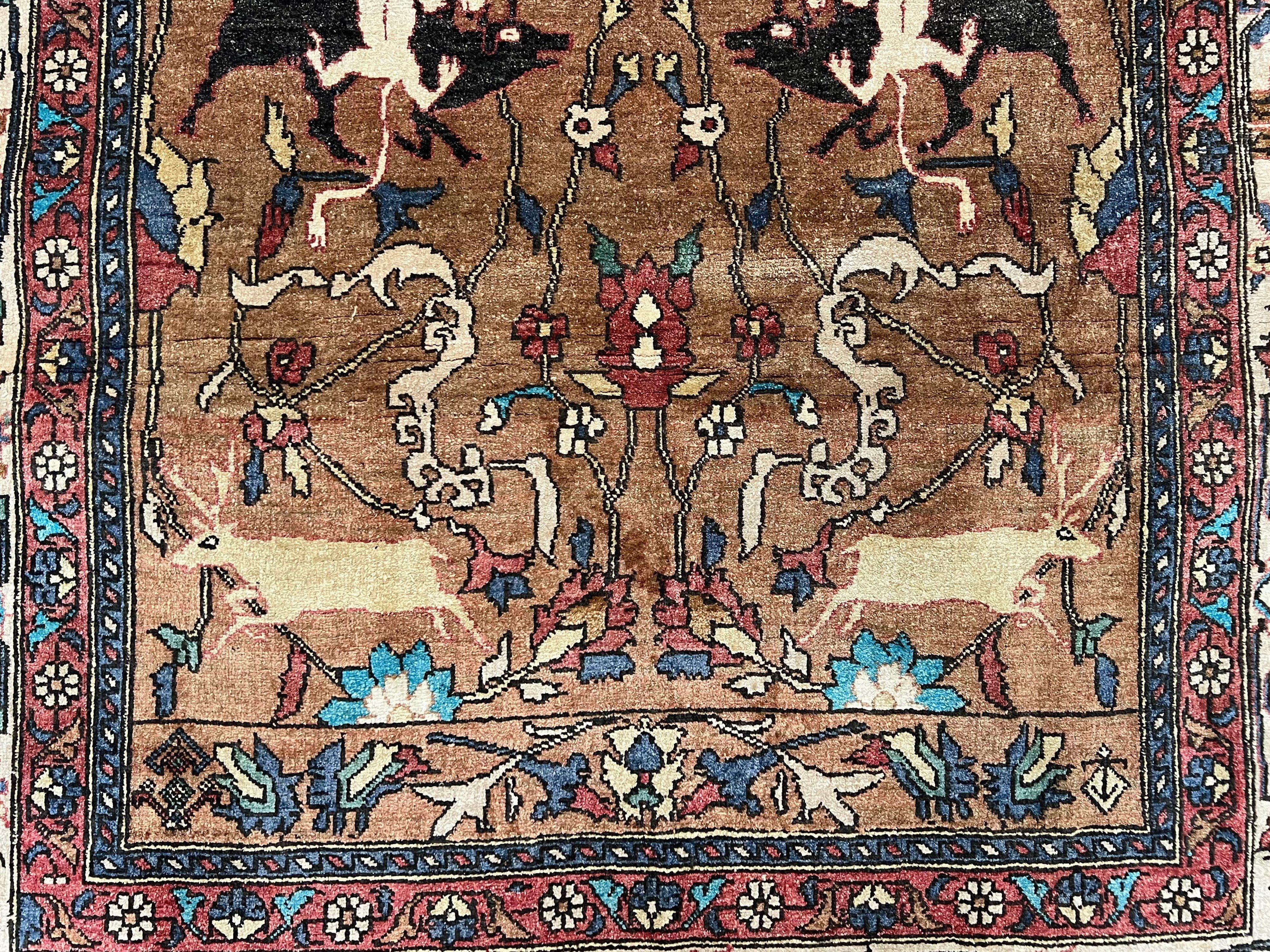 Unique Afghan Silk Rug 4x6, Hunting Pattern Animal Motifs, Light Brown and Cream, Persian Handwritten Poetry, Fine 1940s Oriental Carpet Wow - Jewel Rugs