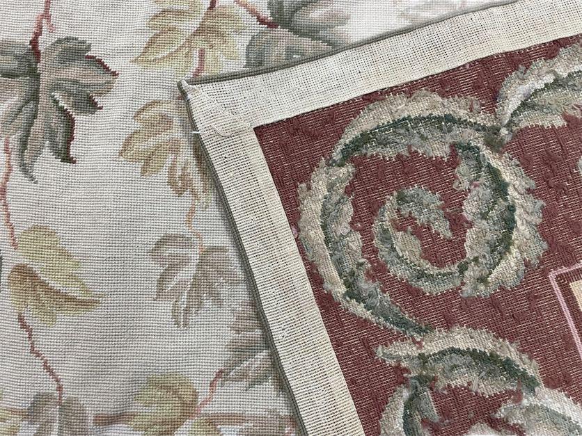 Traditional Aubusson Needlepoint Rug 9 x 12, Flowers, Flatweave Carpet, Hand-Knotted, Brand New, Cream Color, Green, Maroon Red, Wool - Jewel Rugs