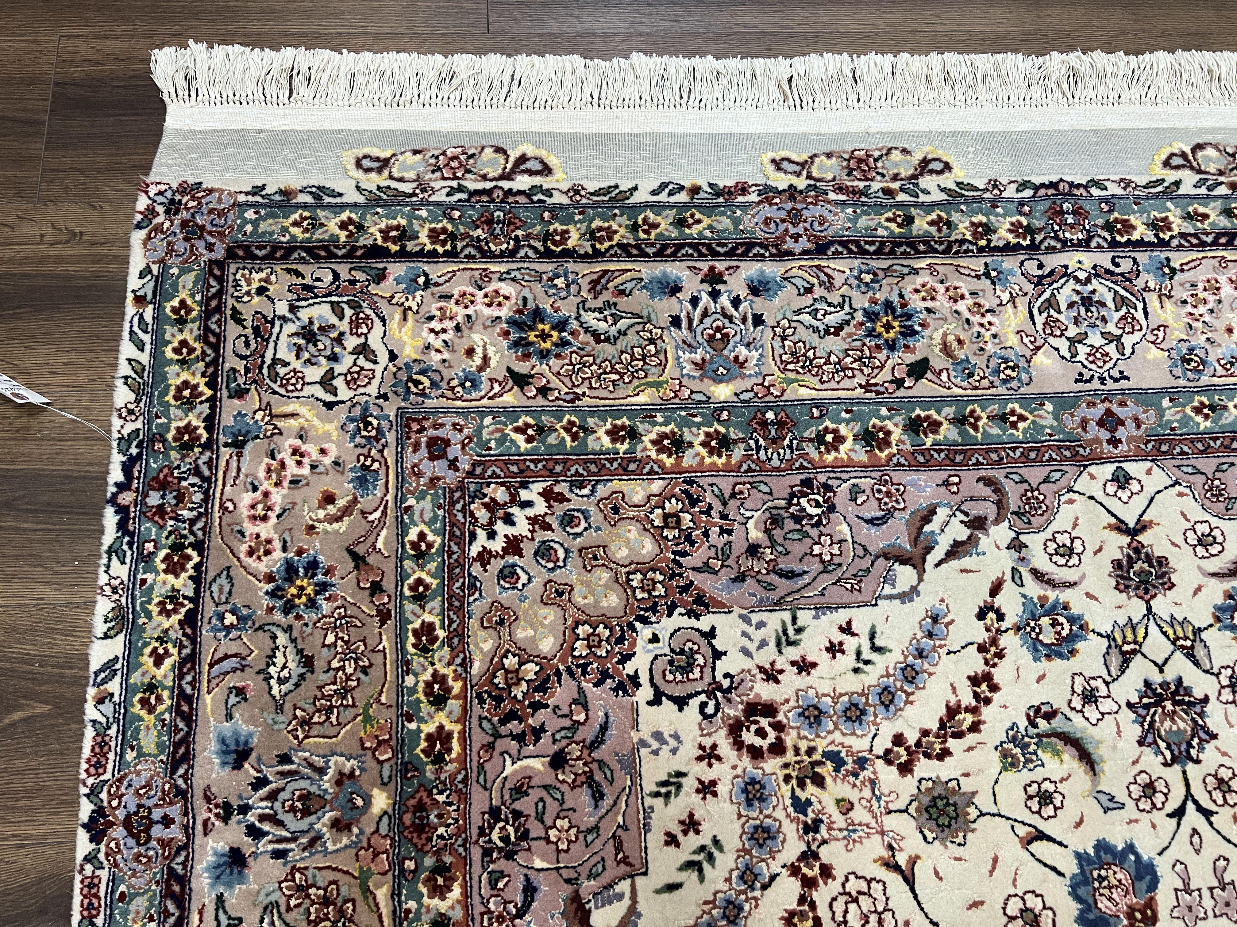 Beautiful Pak Persian Rug 6x9, Floral Medallion, Wool and Silk, Highly Detailed Elegant Carpet, Vintage Oriental Rug 6 x 9, Cream and Gray - Jewel Rugs