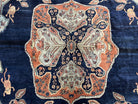 Marvelous and Rare Persian Farahan Rug 9x12, Antique 1920s Persian Carpet, Navy Blue Semi Open Field, Signature from Master Weaver Taftanchian, Animals Bees Monkeys - Jewel Rugs