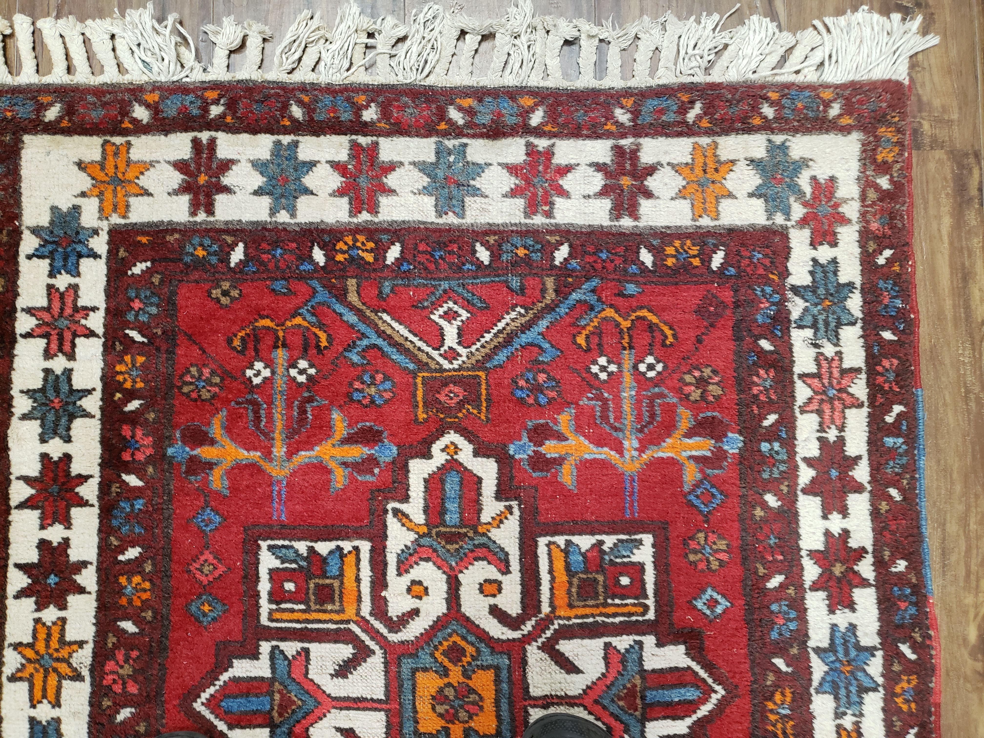 Antique Persian Heriz Karajeh Runner Rug, Red, Hand-Knotted, Wool, 3' 3" x 10' 11" - Jewel Rugs