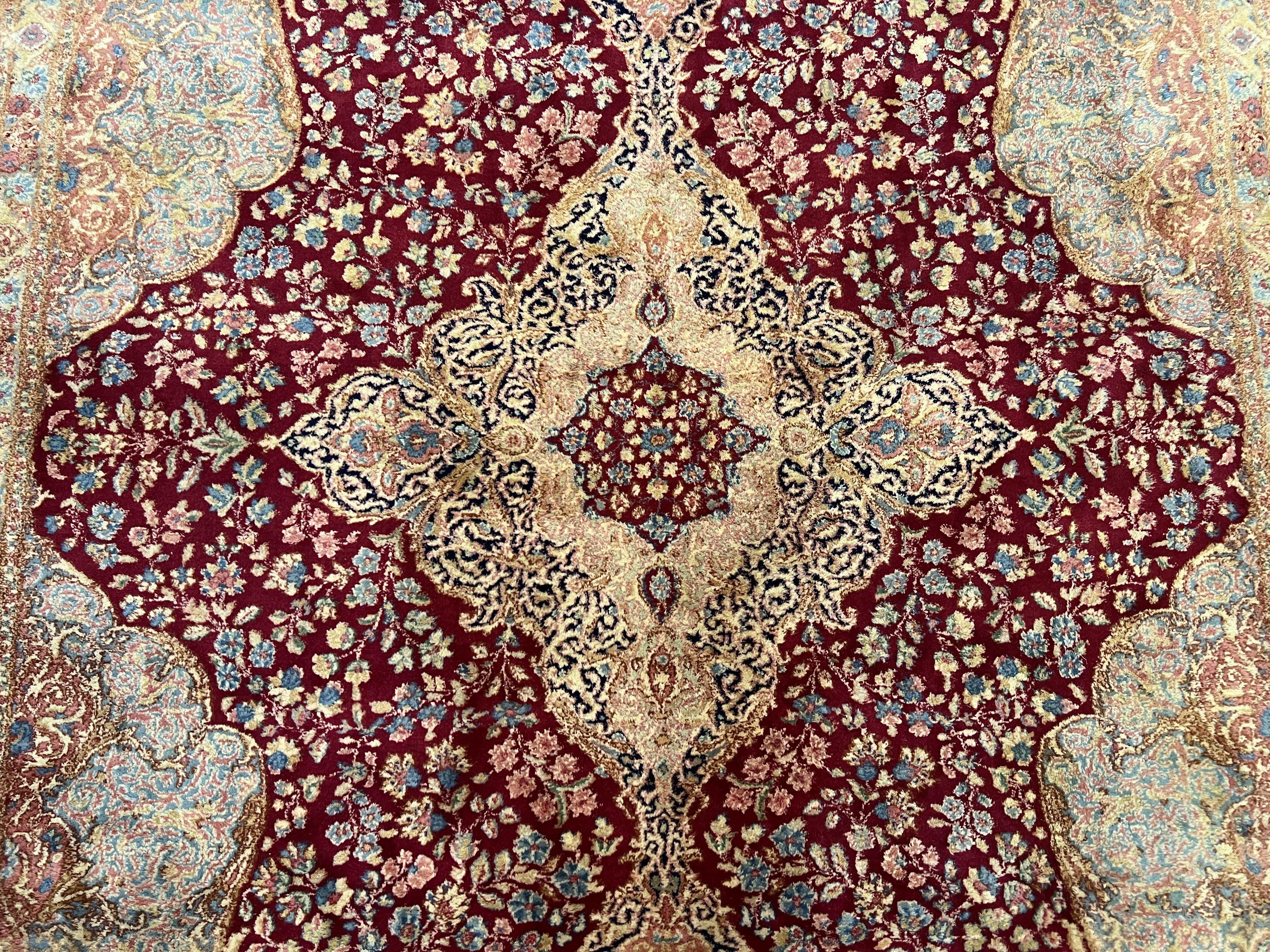 Persian Rug 9x12, Kirman DeLuxe, Millefleur Floral Medallion Carpet, Maroon Light Blue Beige, Semi Antique Authentic Hand Knotted Wool Rug - Jewel Rugs