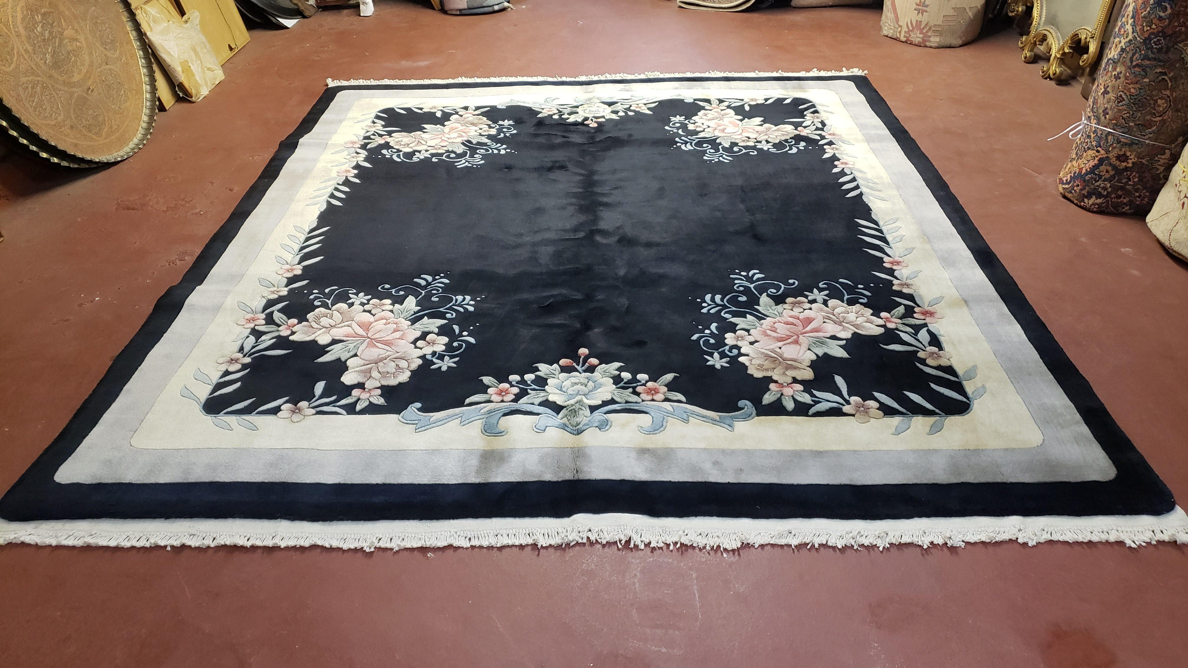 7' 9" x 8' 9" Black Chinese Rug Plush Pile Almost Square 8x9 Vintage Rug Wool Flower 120 Line Simple Traditional Chinese Carpet Minimalistic - Jewel Rugs