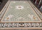 Large Needlepoint Rug 10x14, Sage Green Ivory Black, Elegant Hand Woven Room Sized Carpet, French Aubussson Savonnerie Design, Wool Floral - Jewel Rugs