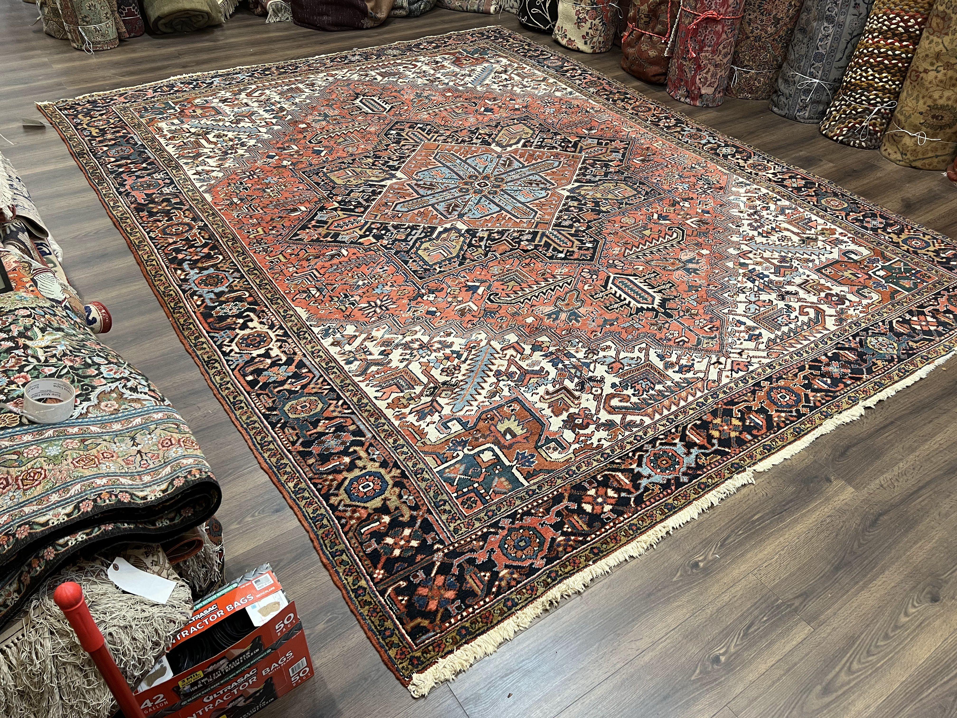 Stunning Persian Heriz Serapi Rug 10x13, Geometric Carpet 10 x 13 ft, Semi Antique Vintage Rug, Red Light Blue Ivory, Hand Knotted Wool Wow - Jewel Rugs