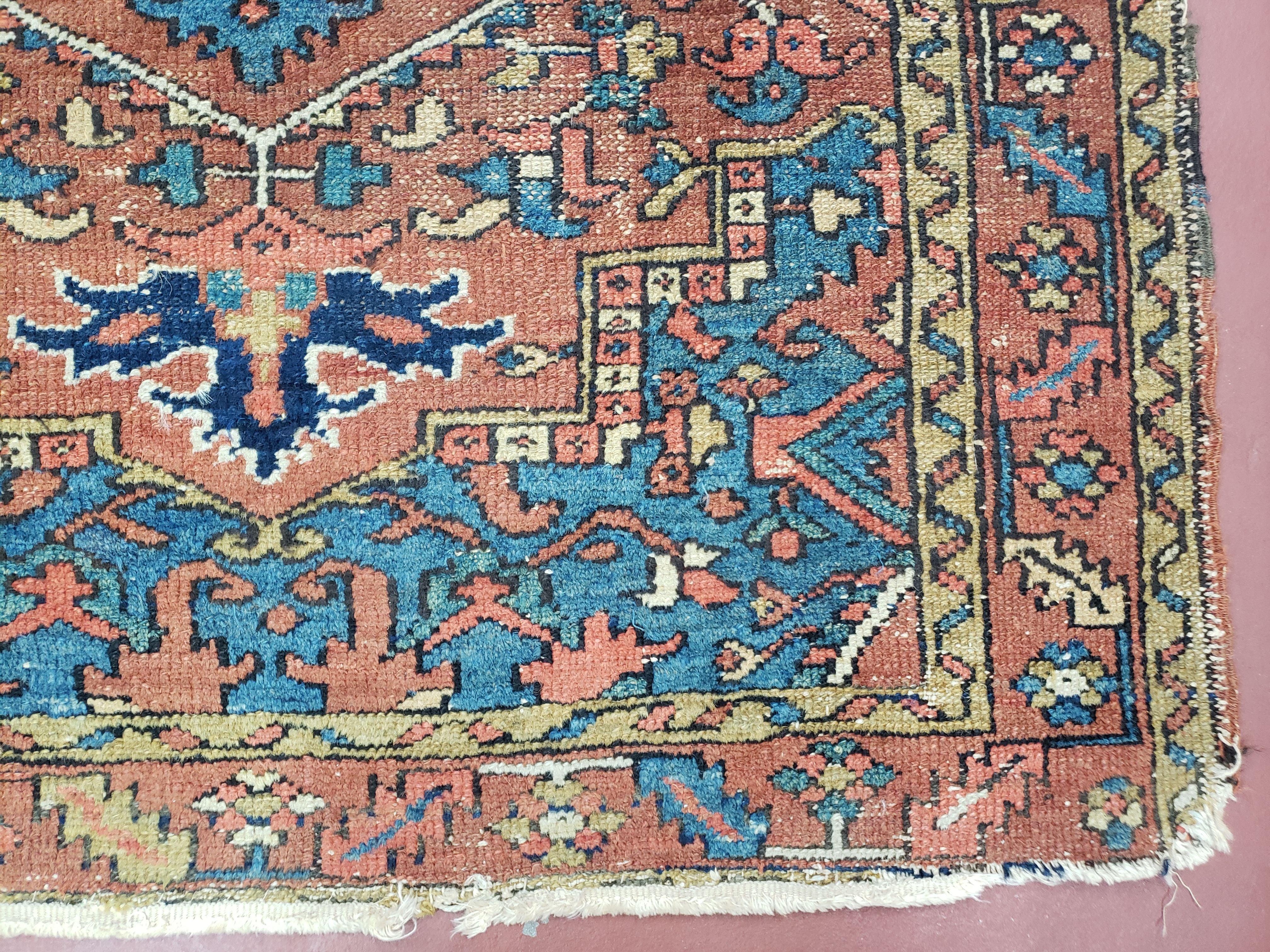 Antique Persian Karajeh Heriz Rug, Red & Blue, Hand-Knotted, Wool, 3' 1" x 4' 3" - Jewel Rugs