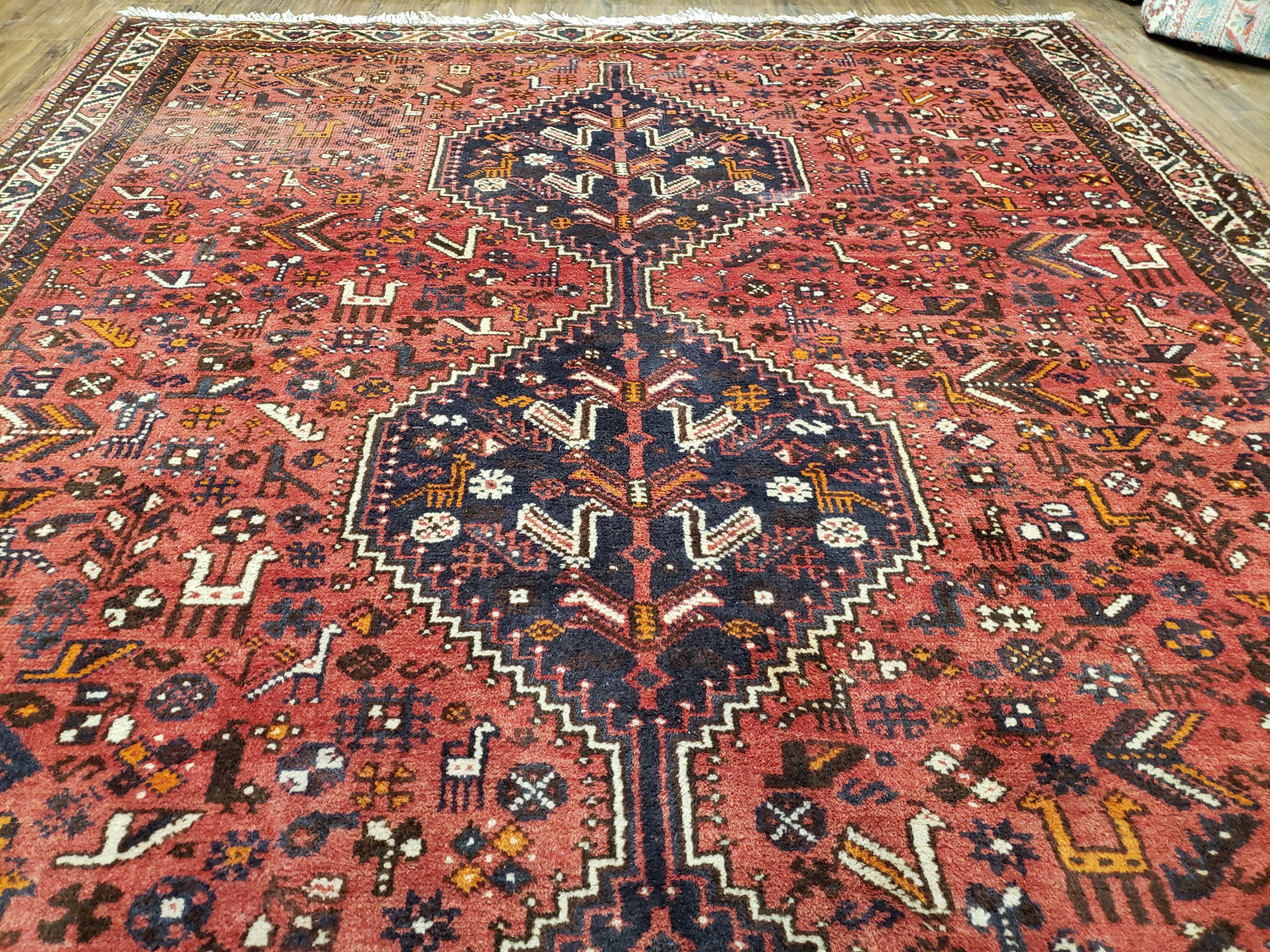 Semi Antique Persian Shiraz Rug, Red and Black, Hand-Knotted, Wool, 6'11" x 9'4" - Jewel Rugs