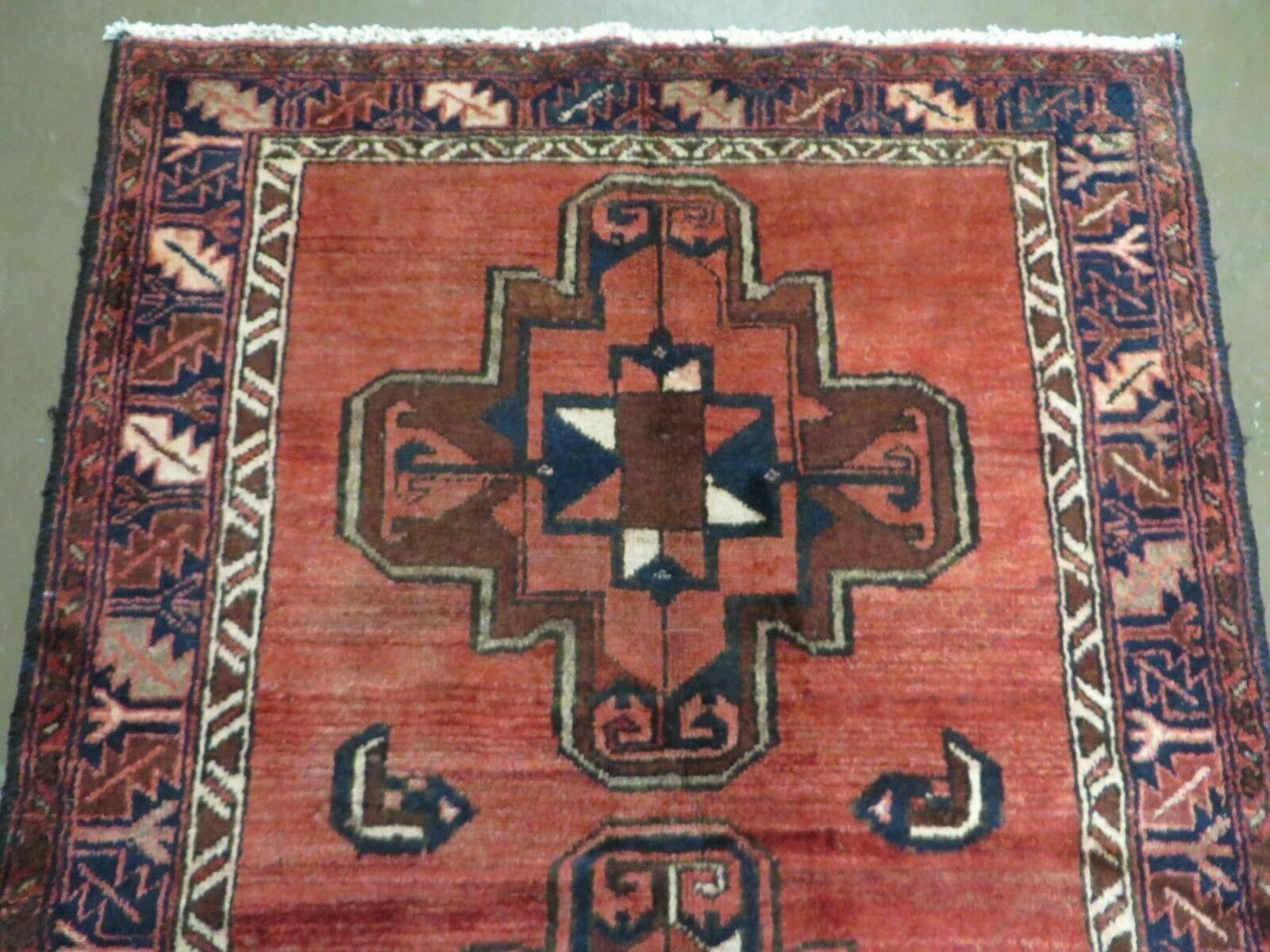 Persian Runner Rug 3.5 x 9.8, Persian Hamadan Rug with Kazak Pattern, Antique Wool Oriental Tribal Runner, Repeated Medallions, Handmade Hallway Kitchen Runner Rug, Red Navy Blue - Jewel Rugs