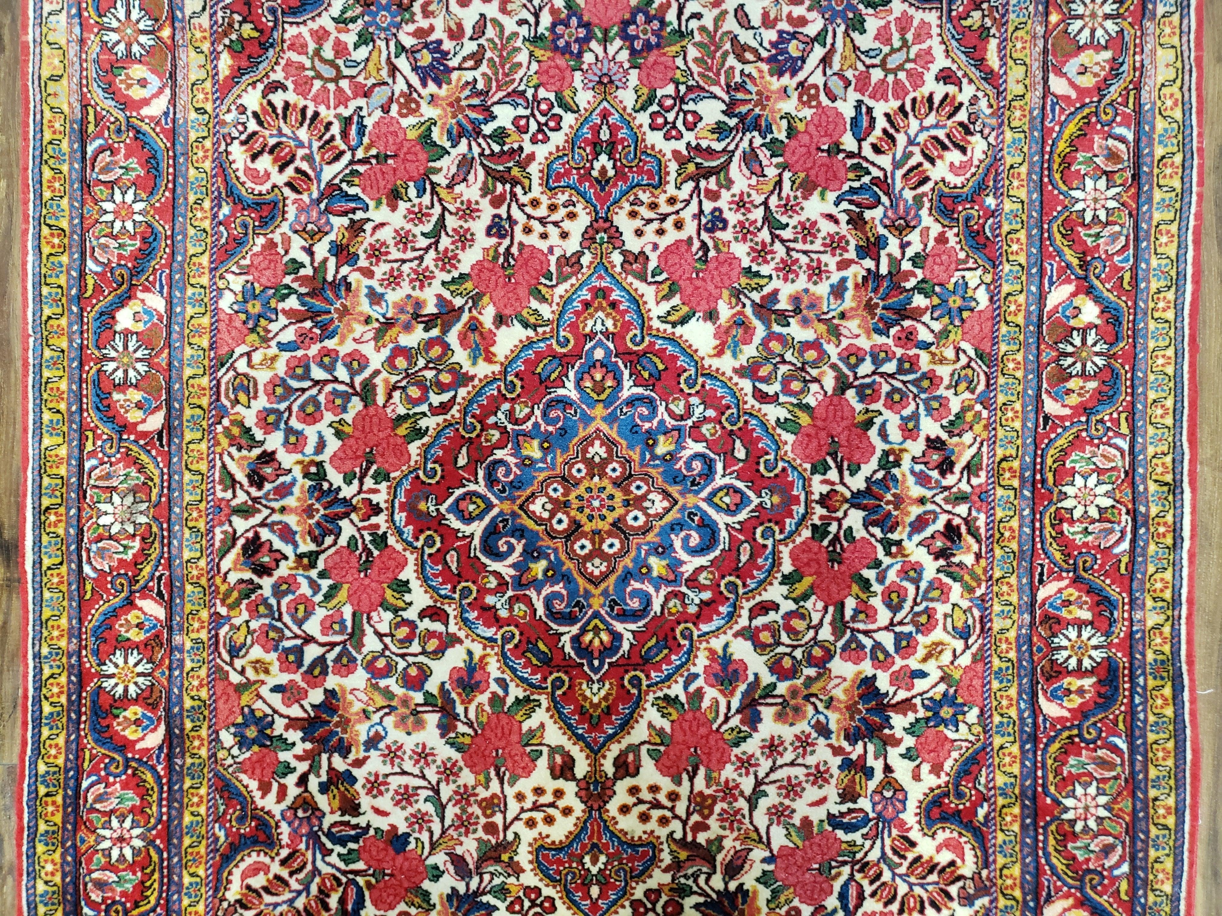 Semi Antique Persian Bidjar Rug, Ivory Red & Blue, Floral, Hand-Knotted, Wool, 3'4" x 5'3" - Jewel Rugs