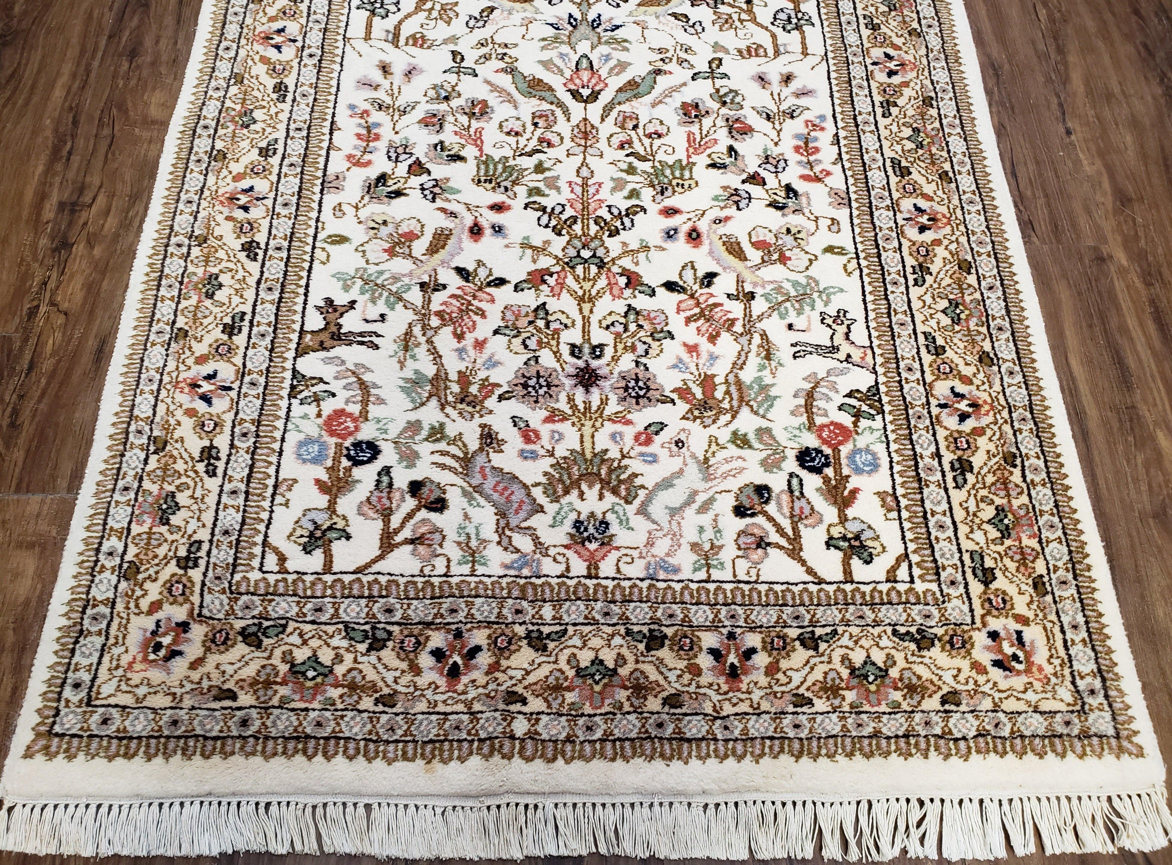 Indo Persian Rug 4x6, Tree of Life Rug, Animal Motifs, Deer Peacocks Birds, Ivory and Cream, Hand-Knotted Soft Wool Pile Indian Carpet 4 x 6 - Jewel Rugs