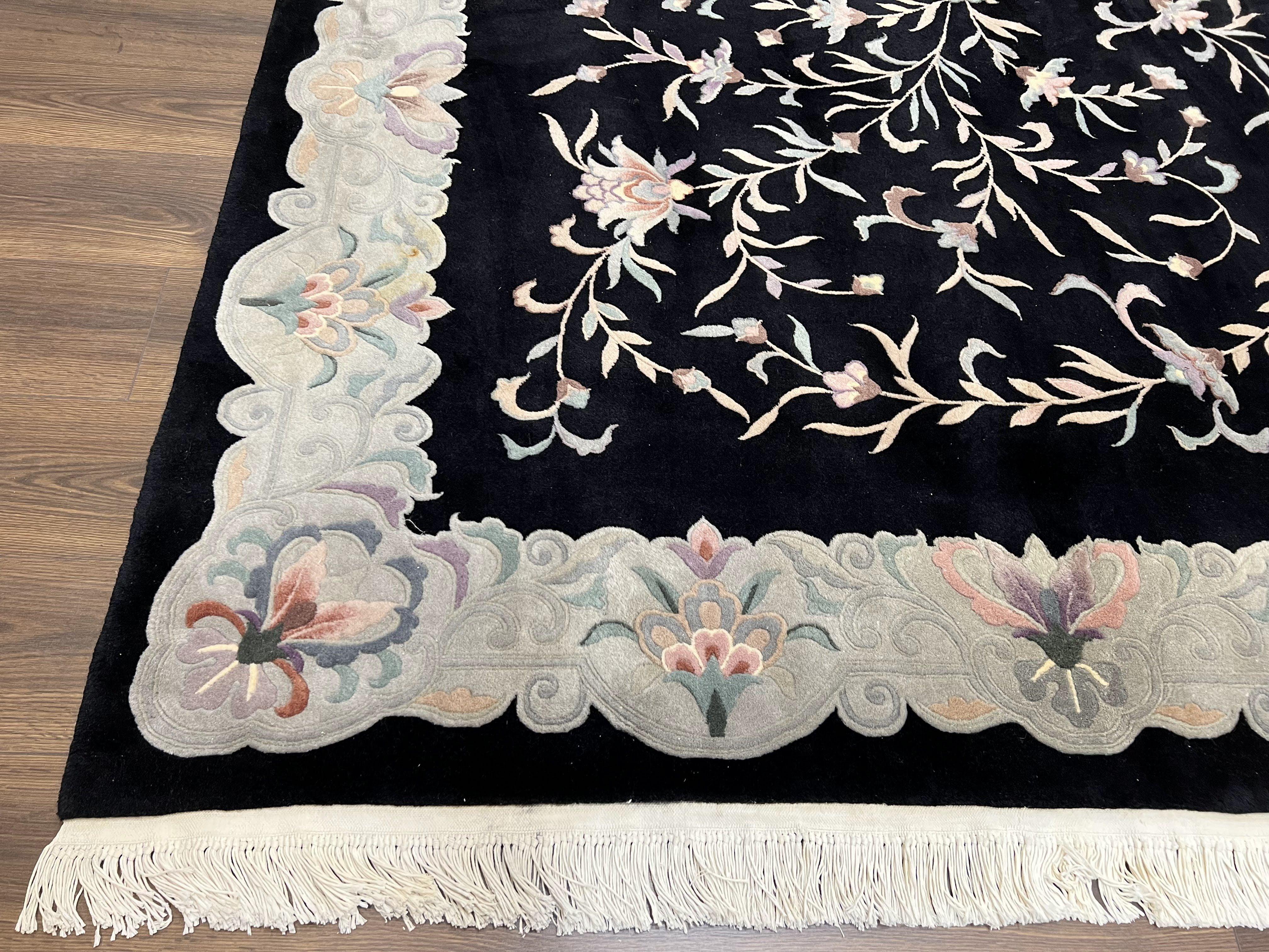 Chinese Wool Rug 9x11, Black Chinese 90 Line Carpet, Allover Floral Chinese Rug, Soft Plush Rug, Black Gray Teal Rug, Vintage Chinese Rug - Jewel Rugs