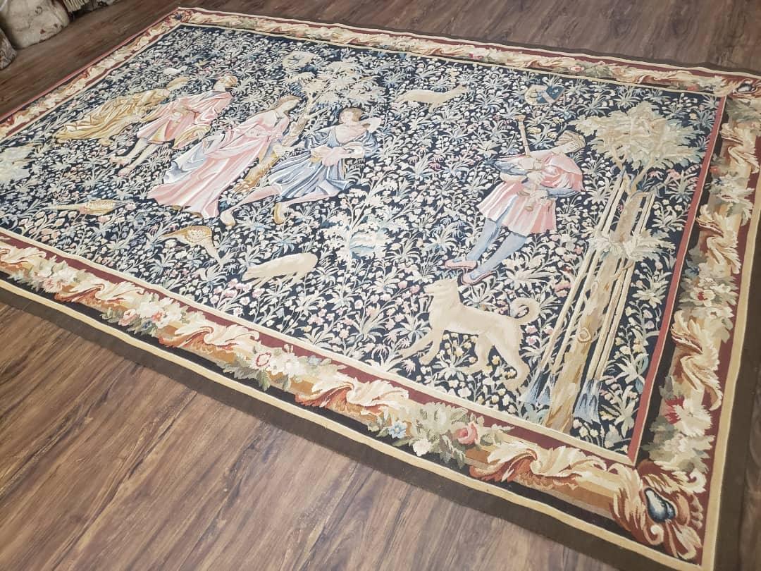 Vintage European Tapestry 5.4 x 7.11, Antique Style European Wall Hanging, Aubusson Weave Handmade Tapestry, Courtship Dating Scene, Animals - Jewel Rugs