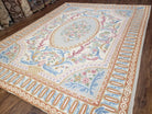 Vintage Savonnerie Rug 8x10, Chain Stitched Carpet 7.9 x 10.3, Crewel Style Cream & Blue Hand-Stitched Handmade Flat Pile French Rug - Jewel Rugs