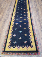 2' 4" X 9' 9" Handmade India Oriental Wool Runner Rug Birds Navy Blue Yellow - Jewel Rugs