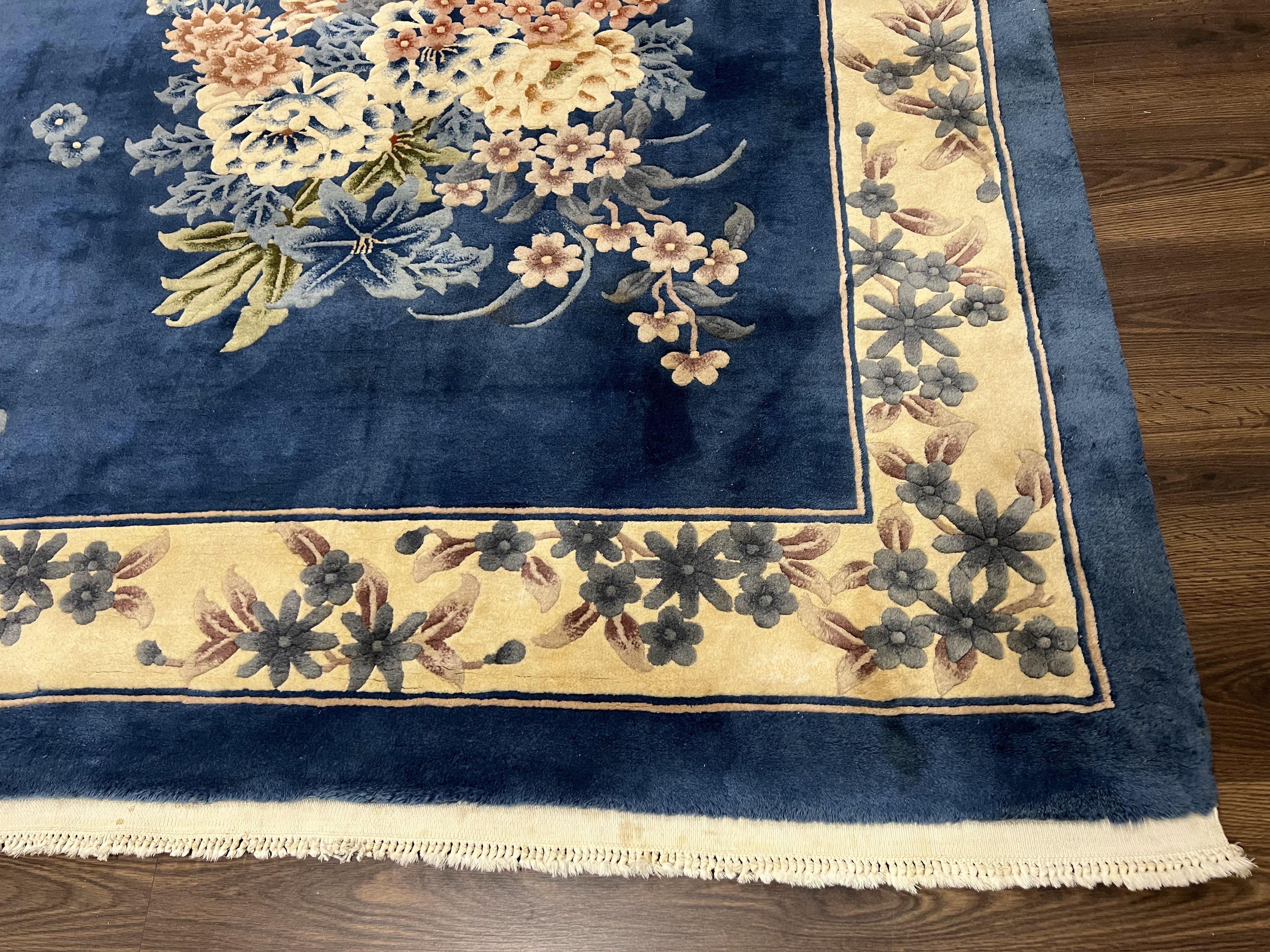 Chinese Wool Rug 8x10, Blue and Cream Art Deco Carpet, Vintage 1960s Oriental 120 Line Nichols Rug, Floral Design, Soft Plush Wool, Handmade - Jewel Rugs