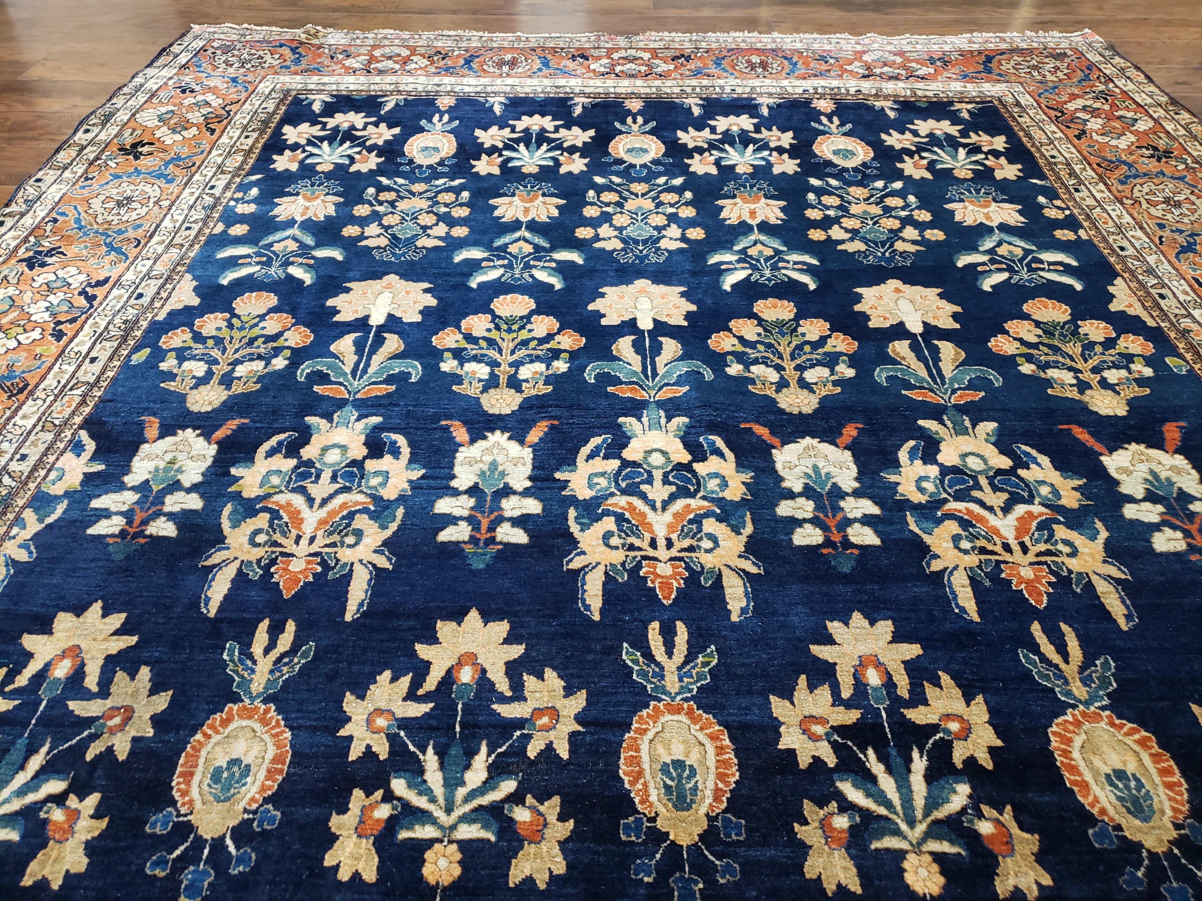 1920s Antique Persian Sarouk Mahajaran Rug, Hand Knotted, Wool, Dark Blue and Red, 8'7" x 11'10' - Jewel Rugs