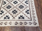 Semi Antique South American Blanket 4x8, Wool Hand-Woven Flatweave Kilim Rug, Handmade Antique Vintage Runner, Ivory & Blue, Diamond Panel - Jewel Rugs