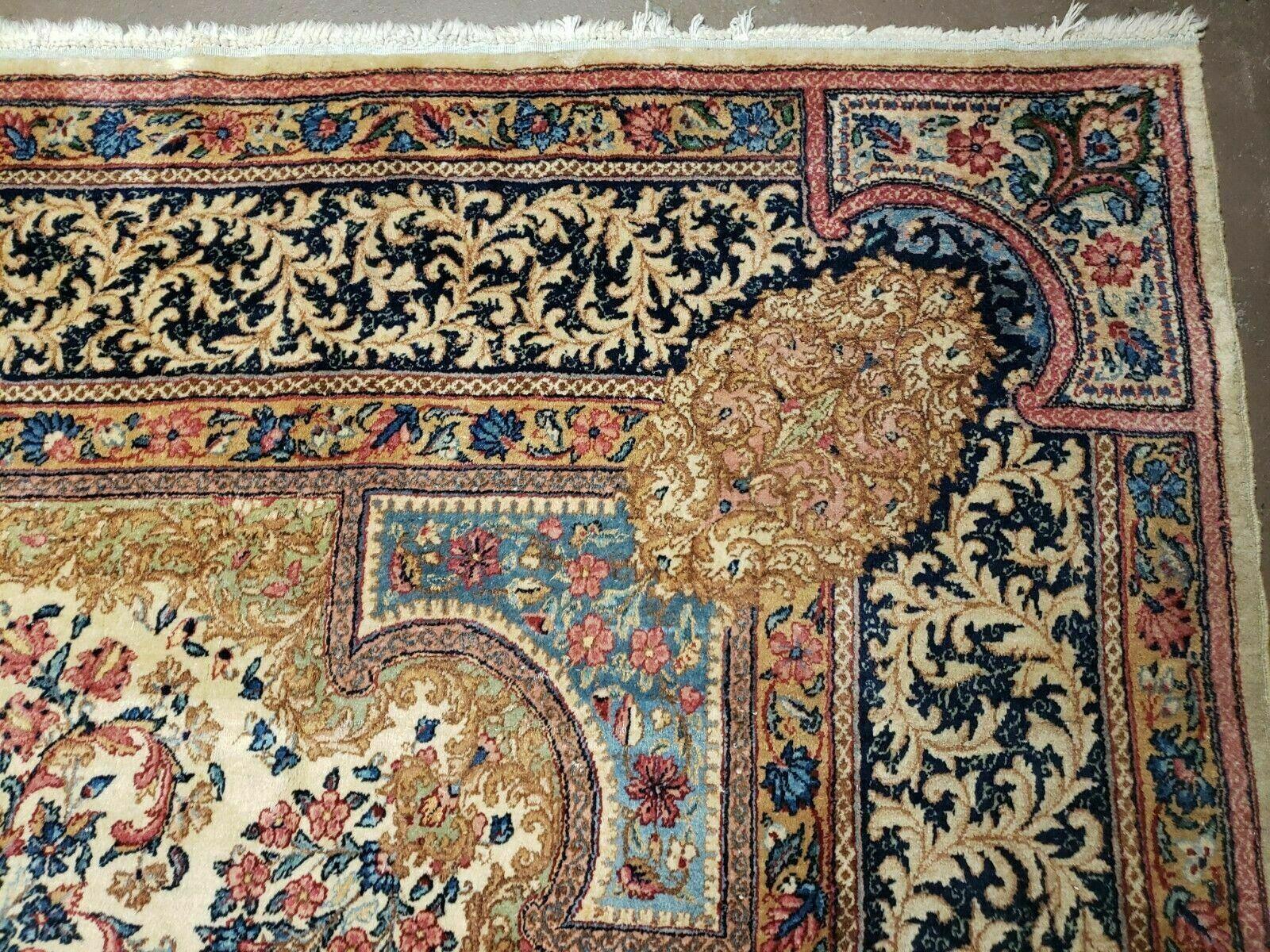 8' X 10' Vintage Persian Allover Floral Design Kirman Area Rug Fine Top Quality Hand-Knotted Wool Beige Sky Blue Veg Dye - Jewel Rugs