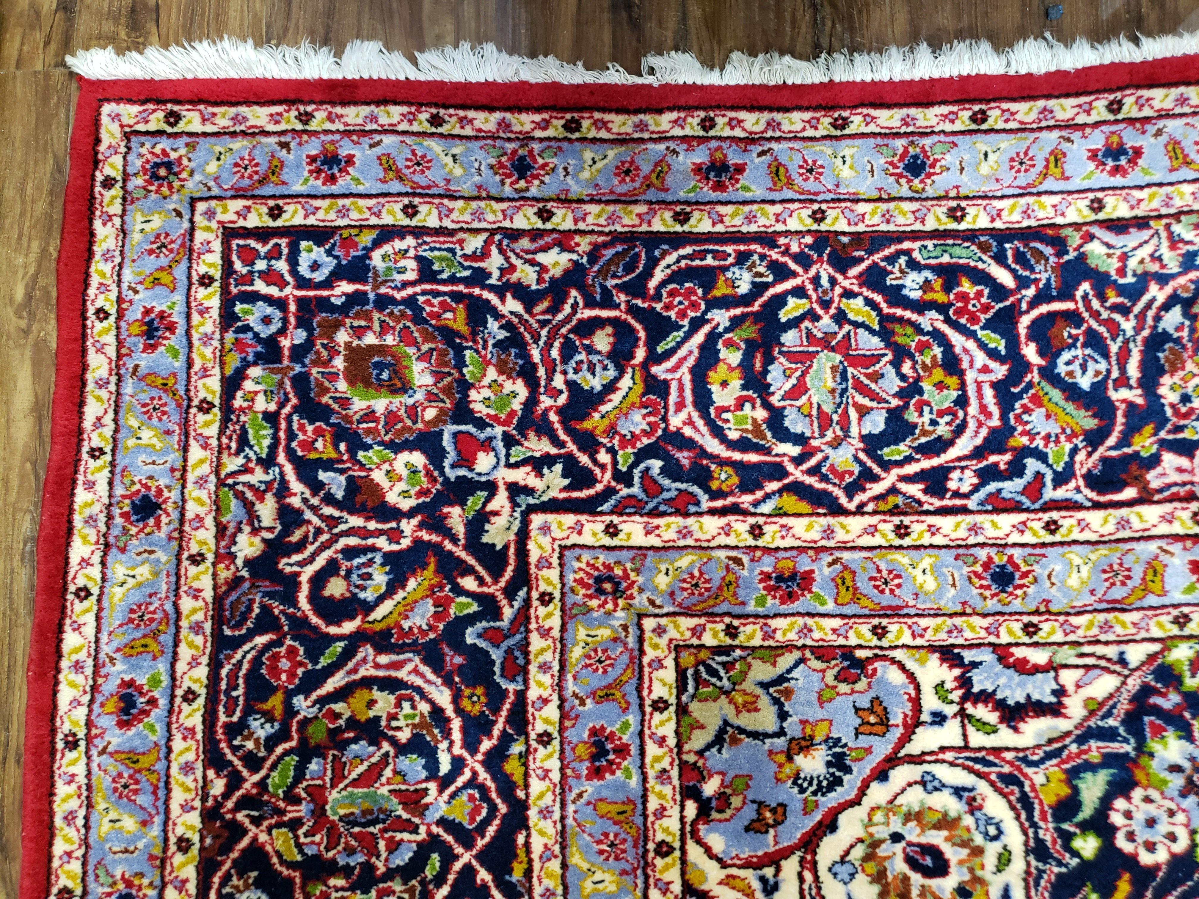 Persian Kashan Rug 10x14 Oriental Carpet 10 x 14, Floral Medallion, Authentic Hand Knotted Rug, Red Blue, High Quality, Vintage Antique Rug, - Jewel Rugs