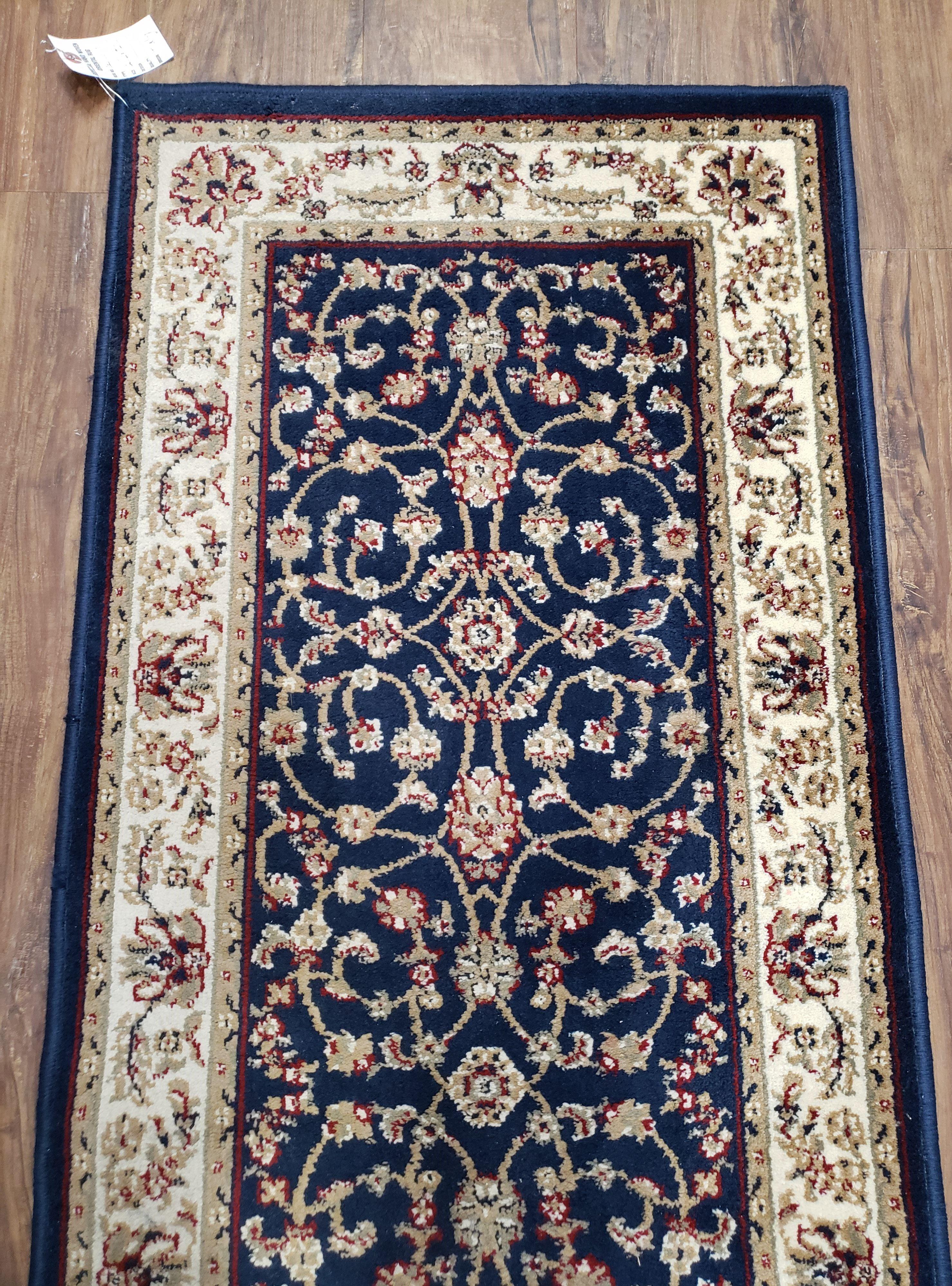 Dark Blue Vintage Runner Rug 2.2 x 7.7, Wool & Silk Feel, Italian Rug, Floral Persian Design, Soft Pile, Dark Blue Beige/Cream, Part of Set - Jewel Rugs