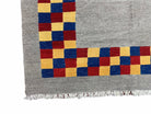 Gray Kilim Carpet, Yellow, Red, Blue Checkerboard Pattern, Flatweave, New, Geometric, Hand-Knotted, Wool, Turkish Area Rug, 5' 9" x 7' 9" - Jewel Rugs