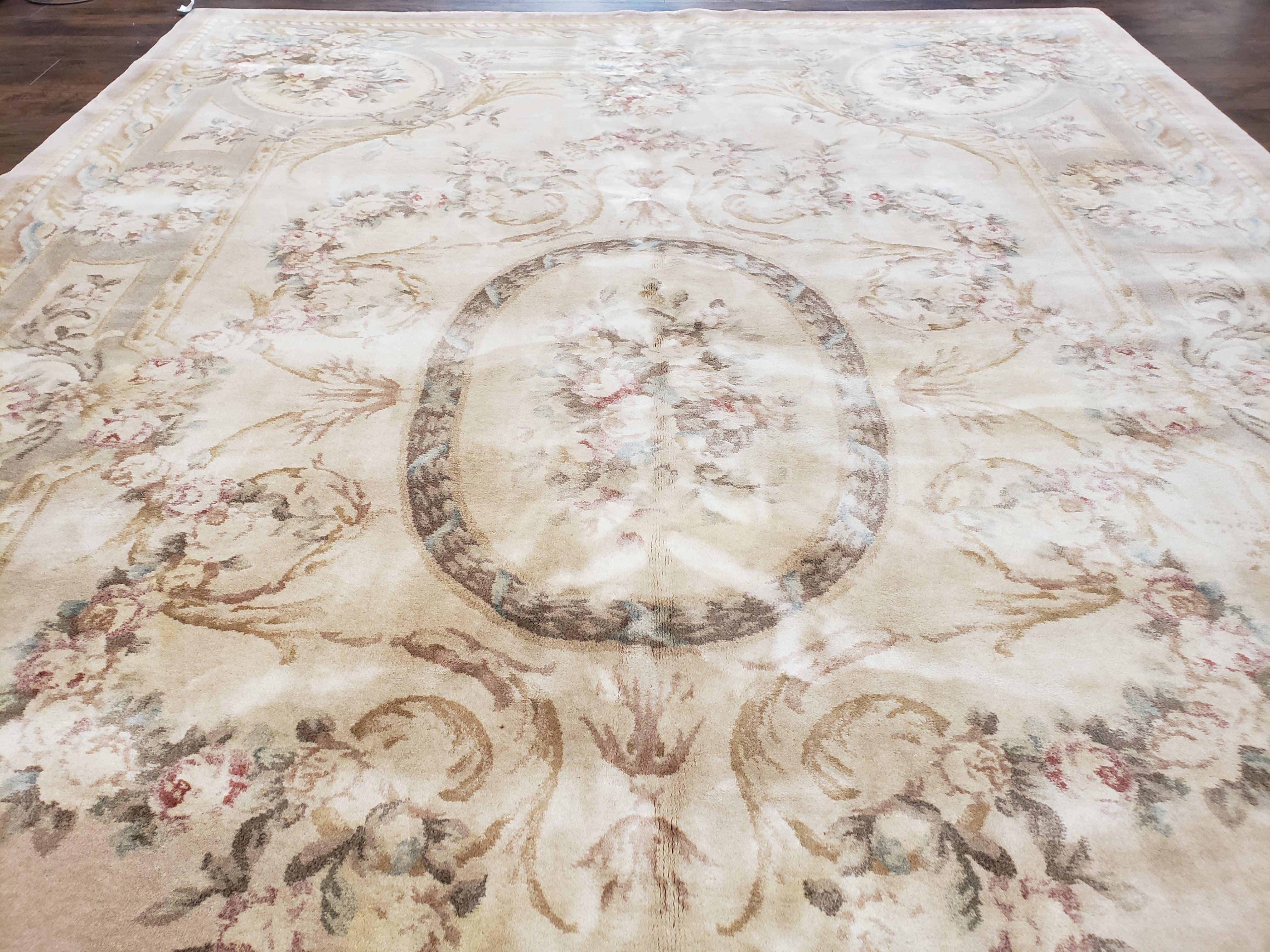 Vintage Chinese Aubusson Savonnerie Room Sized Rug 9.6 x 13.4, Wool Hand-Knotted Beige Carpet, 10x13 10x14 9x13 European Design, Living Room - Jewel Rugs