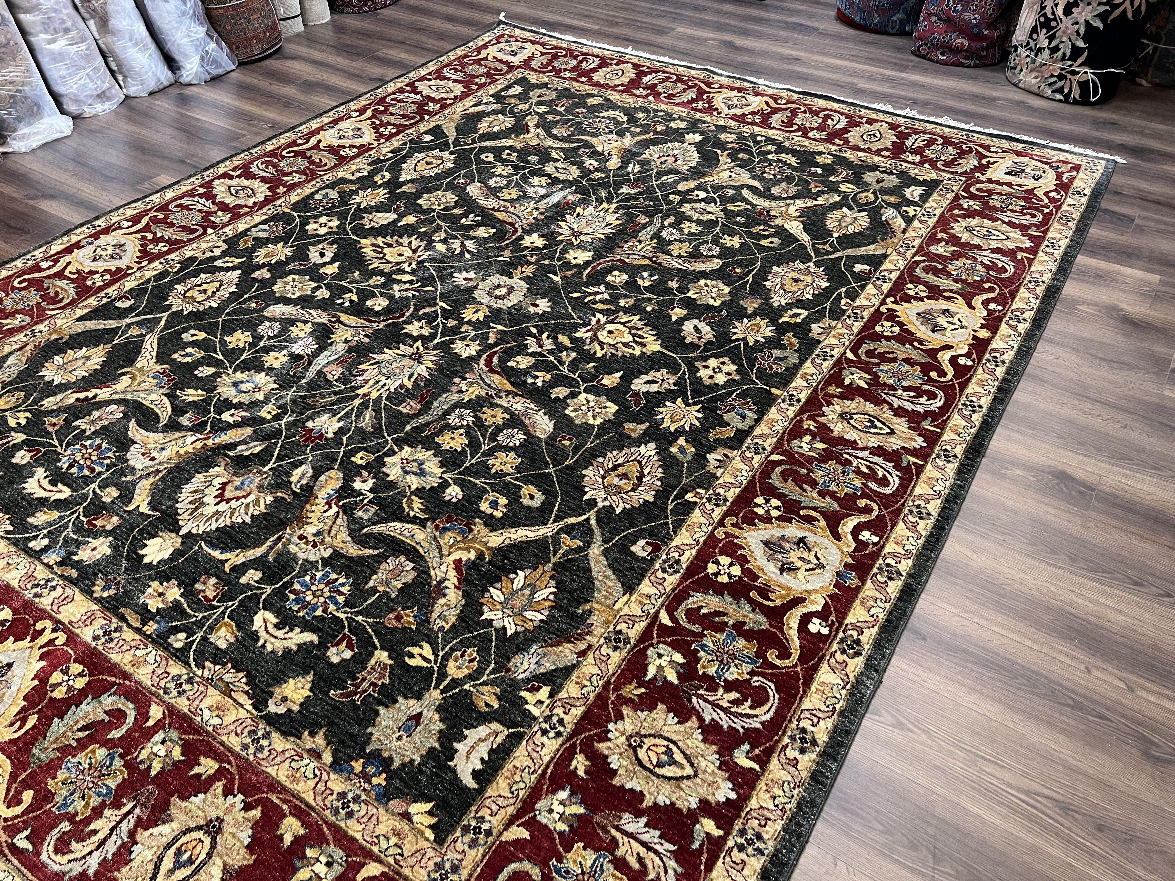 Pak Persian Mahal Rug 9x12, Allover Floral Pakistani Oriental Carpet 9 x 12, Wool Hand Knotted Area Rug, Dark Slate Gray-Black and Maroon - Jewel Rugs