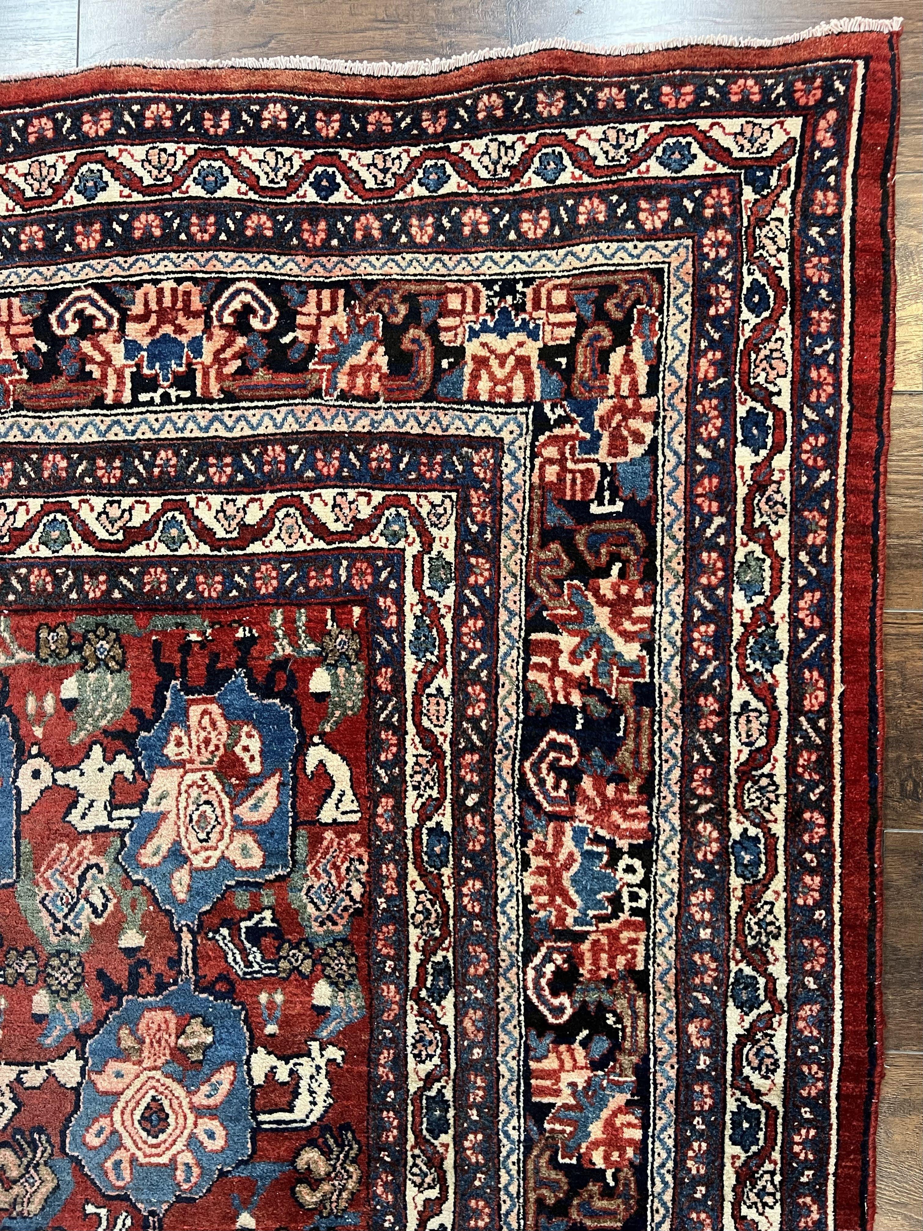 Beautiful Persian Bidjar Rug 9x12, Allover Repeated Motif 9 x 12 ft, Red Blue Cream, Hand Knotted Wool Bijar Oriental Carpet, 1950s Semi Antique Vintage - Jewel Rugs