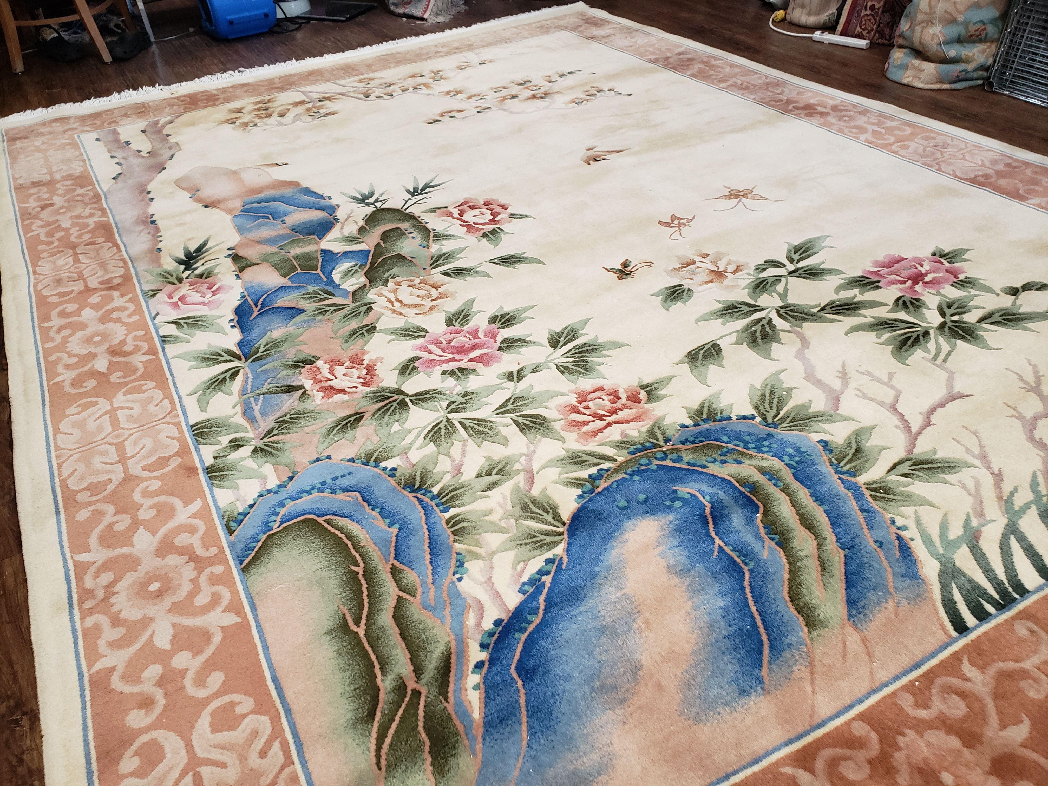 9x12 Handmade Art Deco Wool Chinese Rug 120 Lines Butterflies Flowers 8'8" X 12' - Jewel Rugs