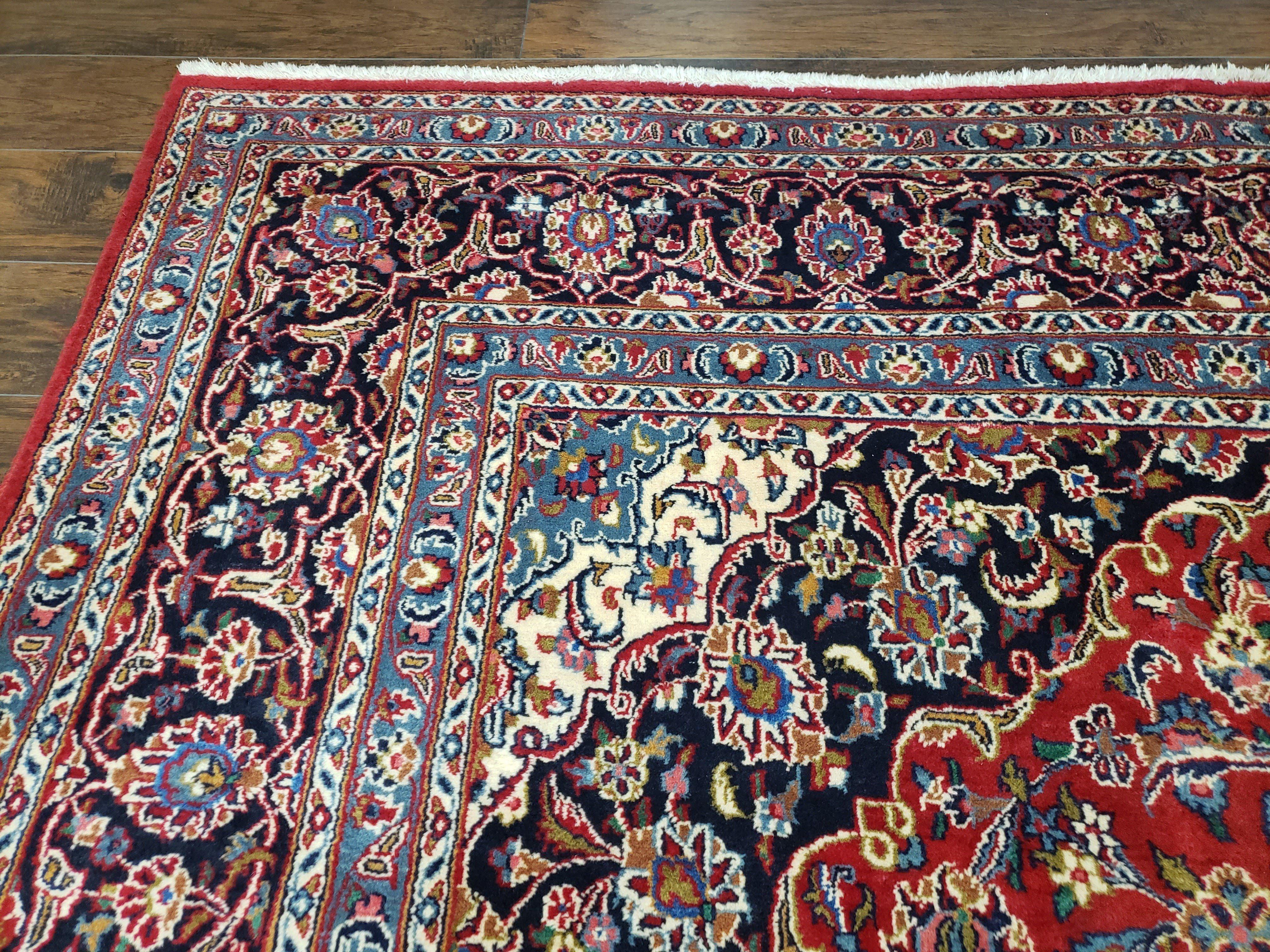 Persian Kashan Rug 9.6 x 13.5, Red and Blue Antique Persian Carpet, Hand Knotted, Medallion Allover Floral, High Quality Large Wool Carpet - Jewel Rugs