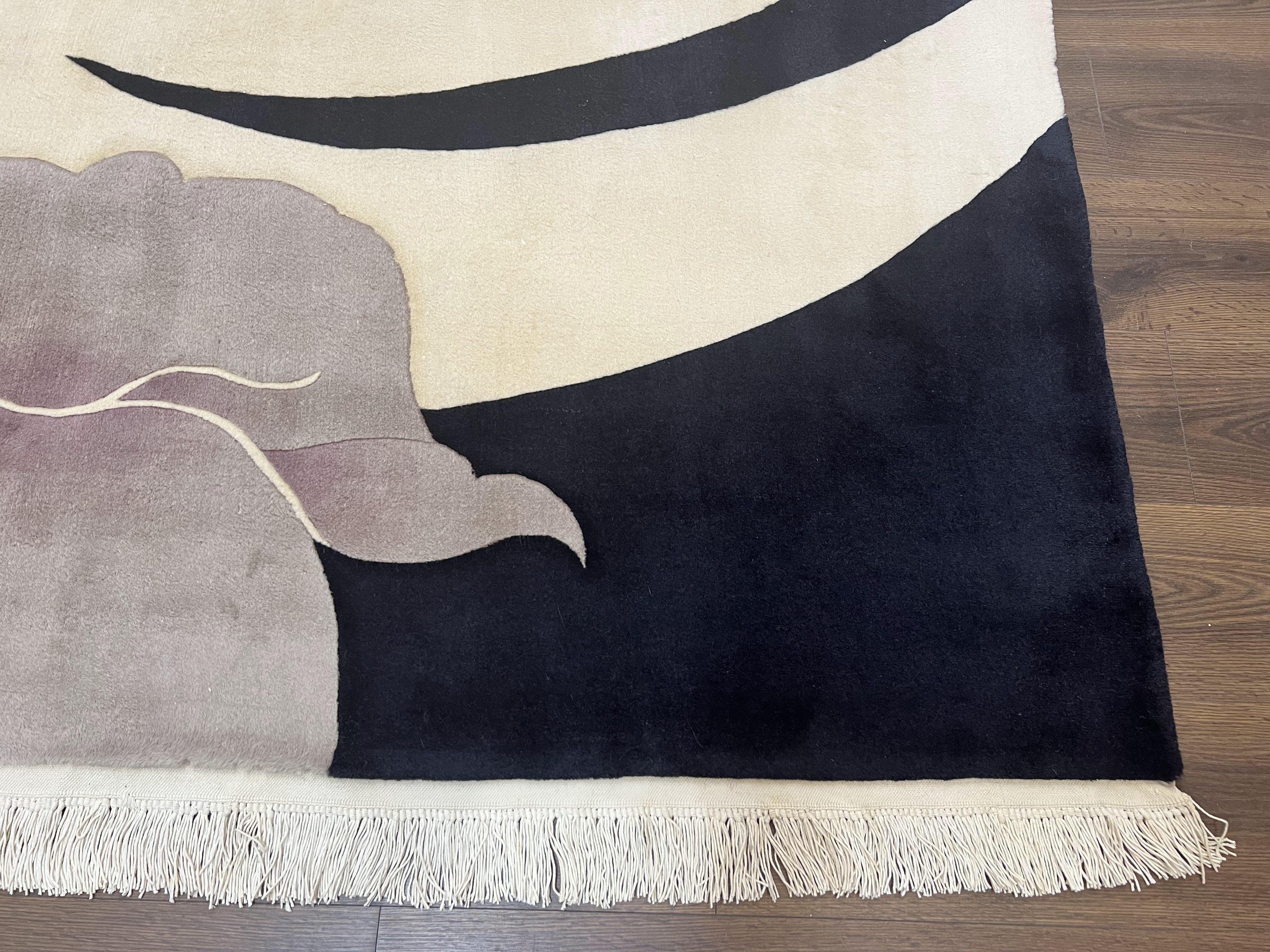 Chinese Wool Rug 9x12, Large Floral Modern Design, Soft Plush Pile, 120 Line Very Fine Chinese Carpet, Cream Gray Black, Unique Vintage Rug - Jewel Rugs