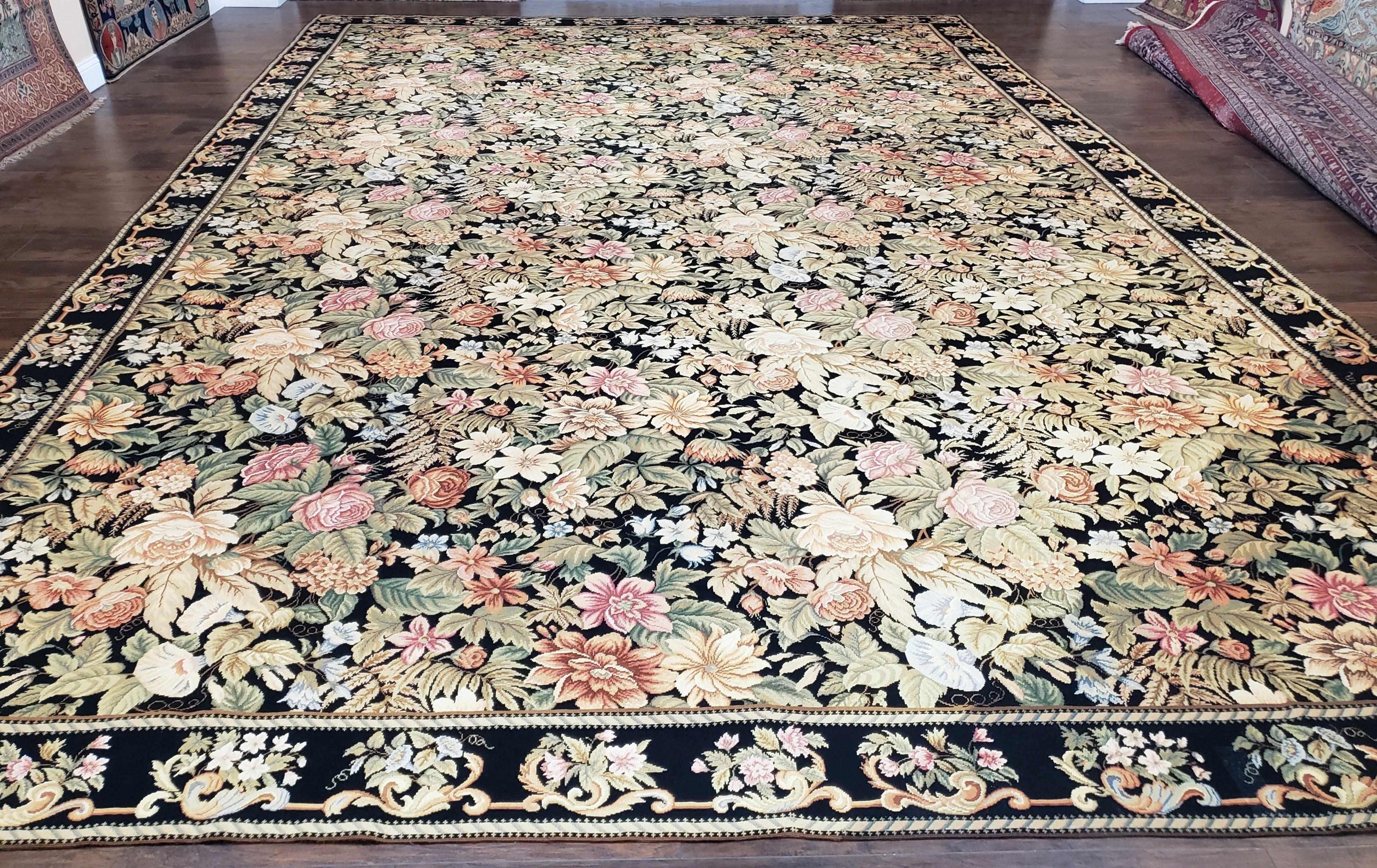 William Morris Rug 12x17 - 12x18, Flat Pile Needlepoint Carpet, Black Oversized Palace Sized Rug, Wool Hand-Woven, Large Floral Flowers Rug - Jewel Rugs