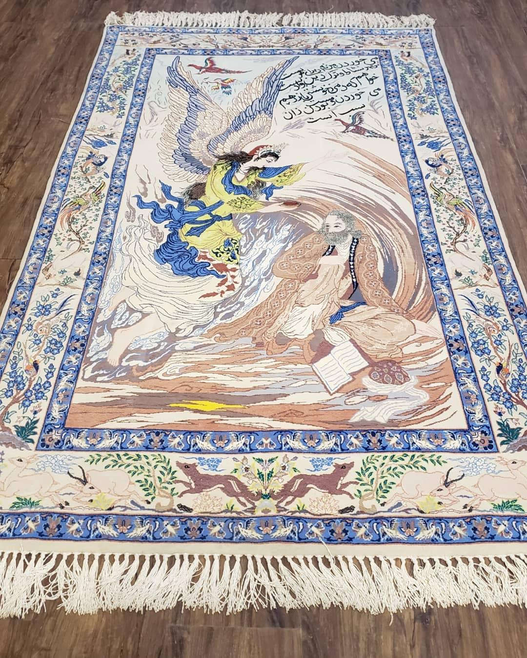 Semi Antique Persian Pictorial Rug 3'6" x 6", Angel Speaking to Prophet, Kork Wool on Silk Foundation, Detailed, Animals, Poetry, Wall Hanging Rug - Jewel Rugs