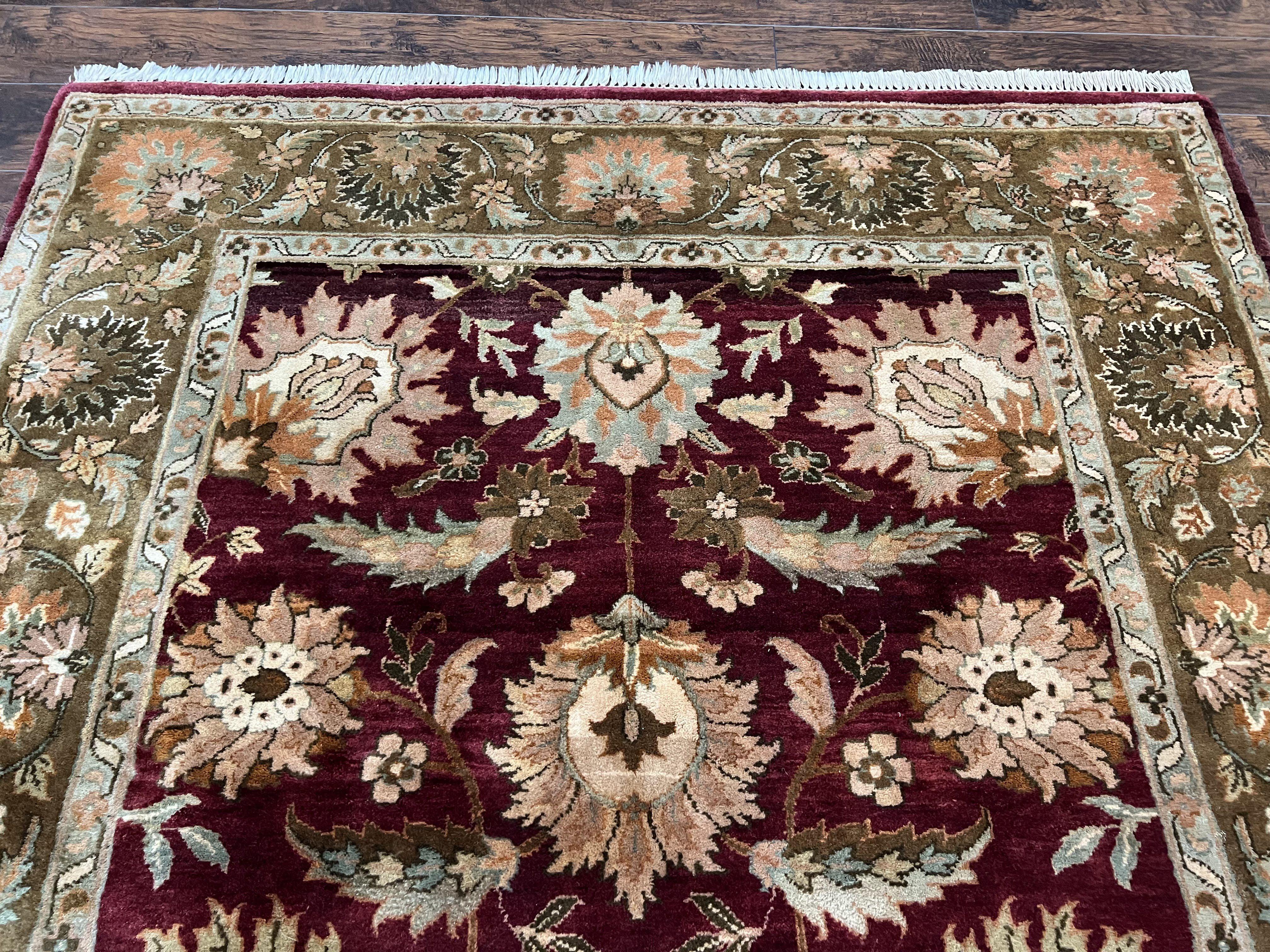 Indo Mahal Rug 6x9, Large Flowers Allover, Maroon and Green, Handmade Wool Area Rug, Vintage Rug, Indian Oriental Carpet, Hand Knotted Rug - Jewel Rugs