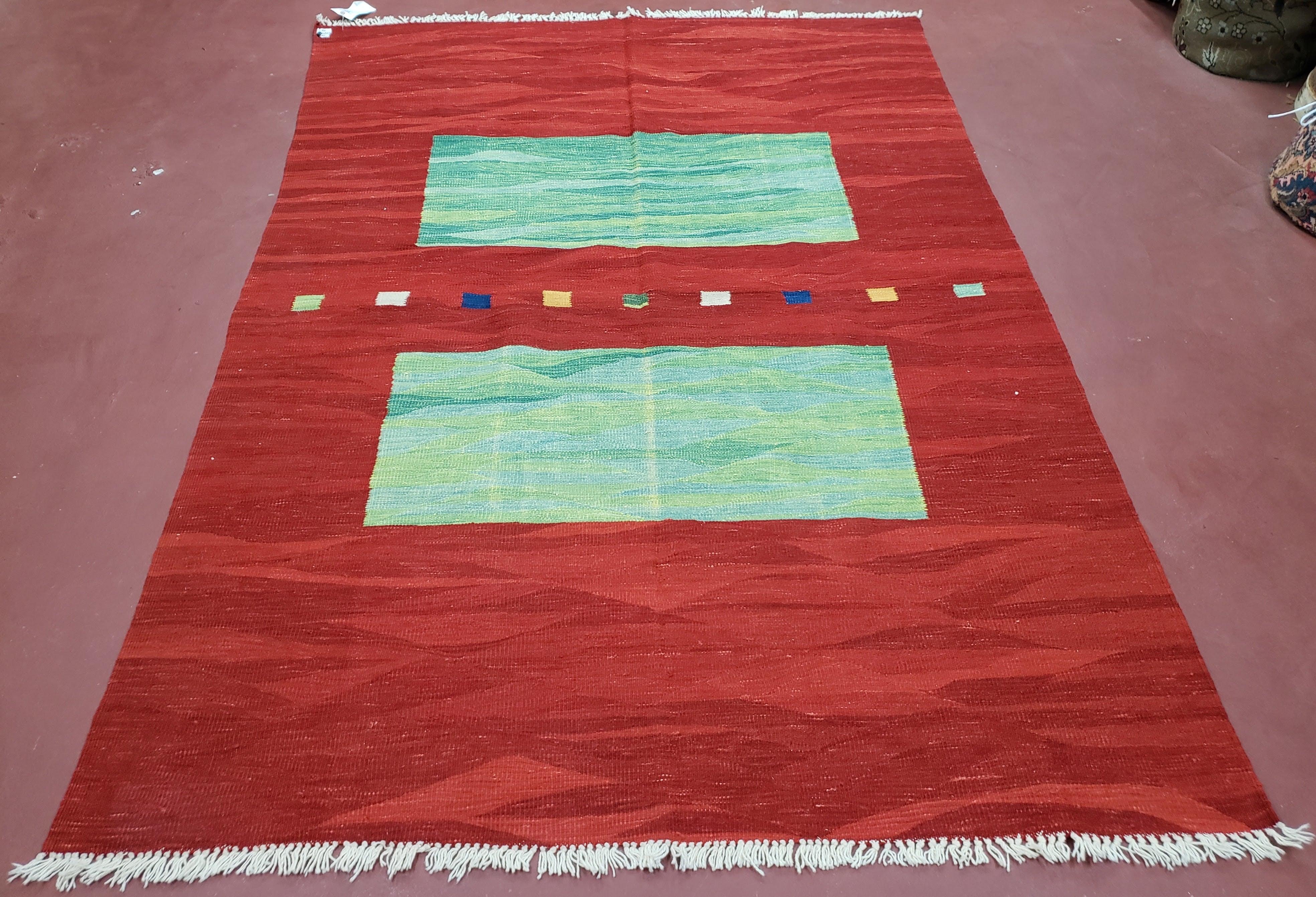 Red Turkish Kilim Rug, 5x7 - 6x8 Rugs, Red and Green Kilim Carpet, Kilim Area Rugs, Flatweave No Pile Rug, New Turkish Rug, Handmade Kilim - Jewel Rugs