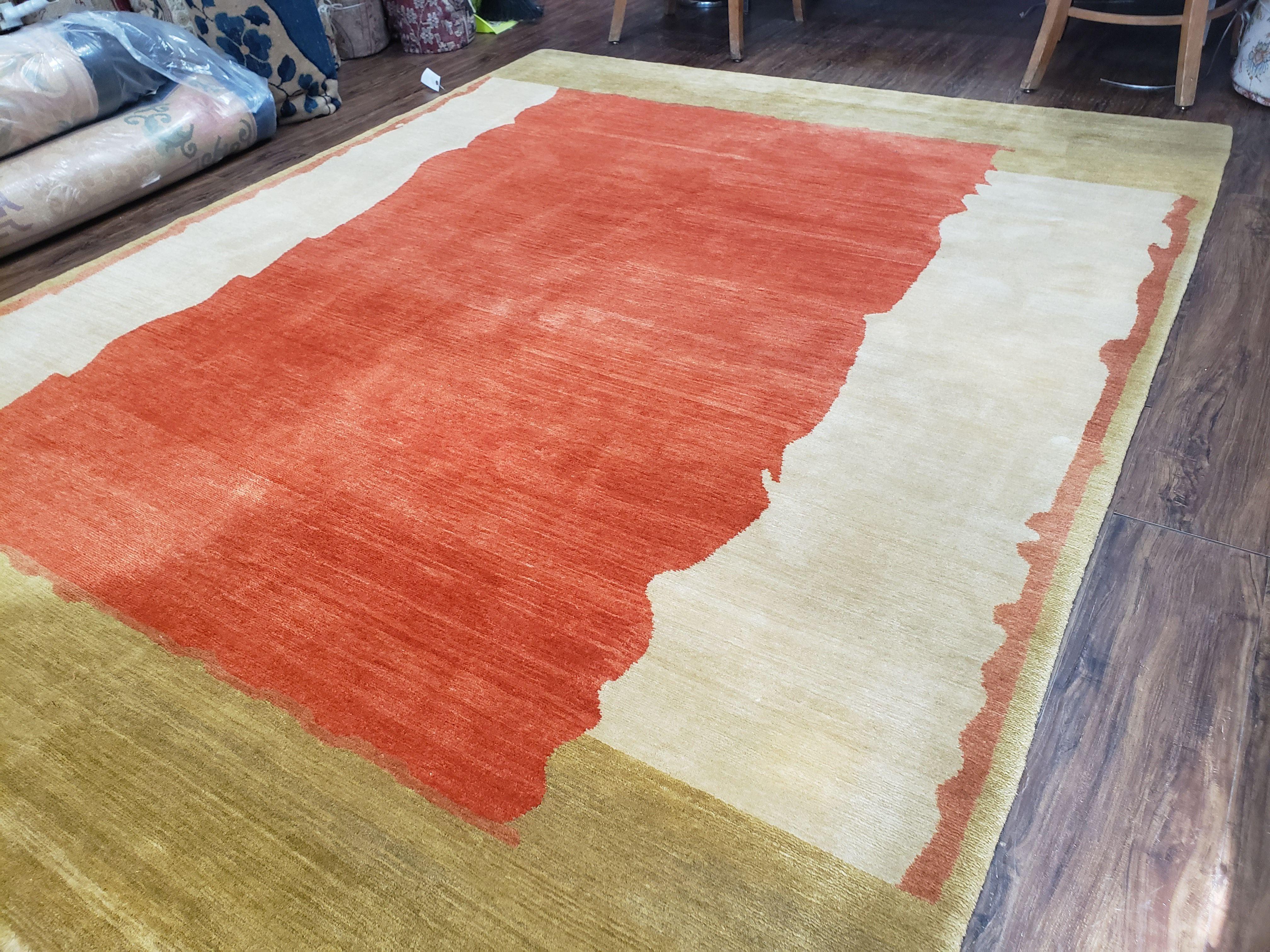 7x9 Modern Area Rug, 7 x 9 Tibetan Rug, 7 by 9 Nepal Rug, Abstract Rug, Wool Rug, Red Gold Ivory Rug, Handmade Tibetan Rug, Dining Room Rug - Jewel Rugs